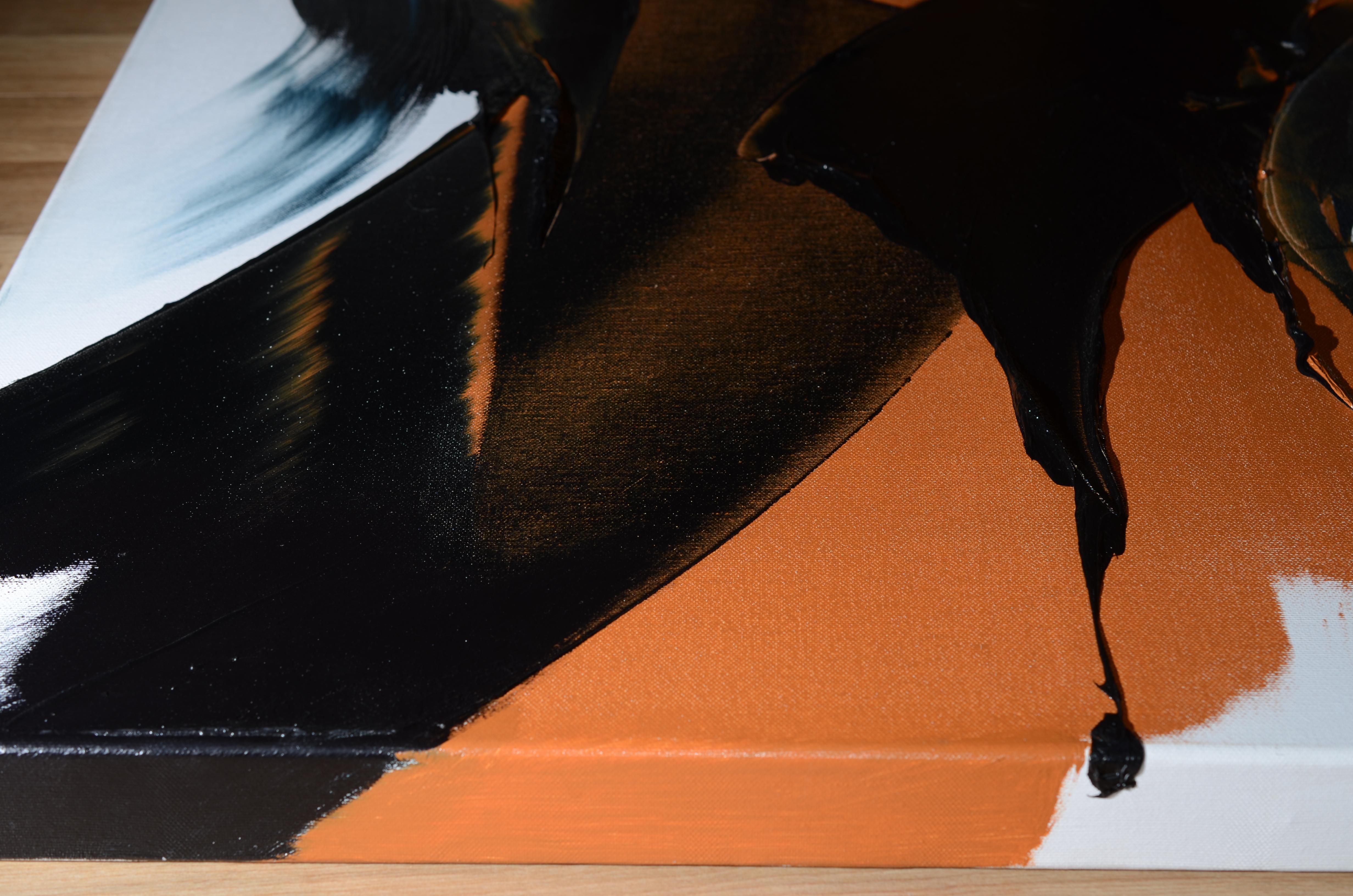 Großes abstraktes Ölgemälde mit dunklen Schleifen auf weißem und orangefarbenem Hintergrund, ohne Titel im Angebot 6