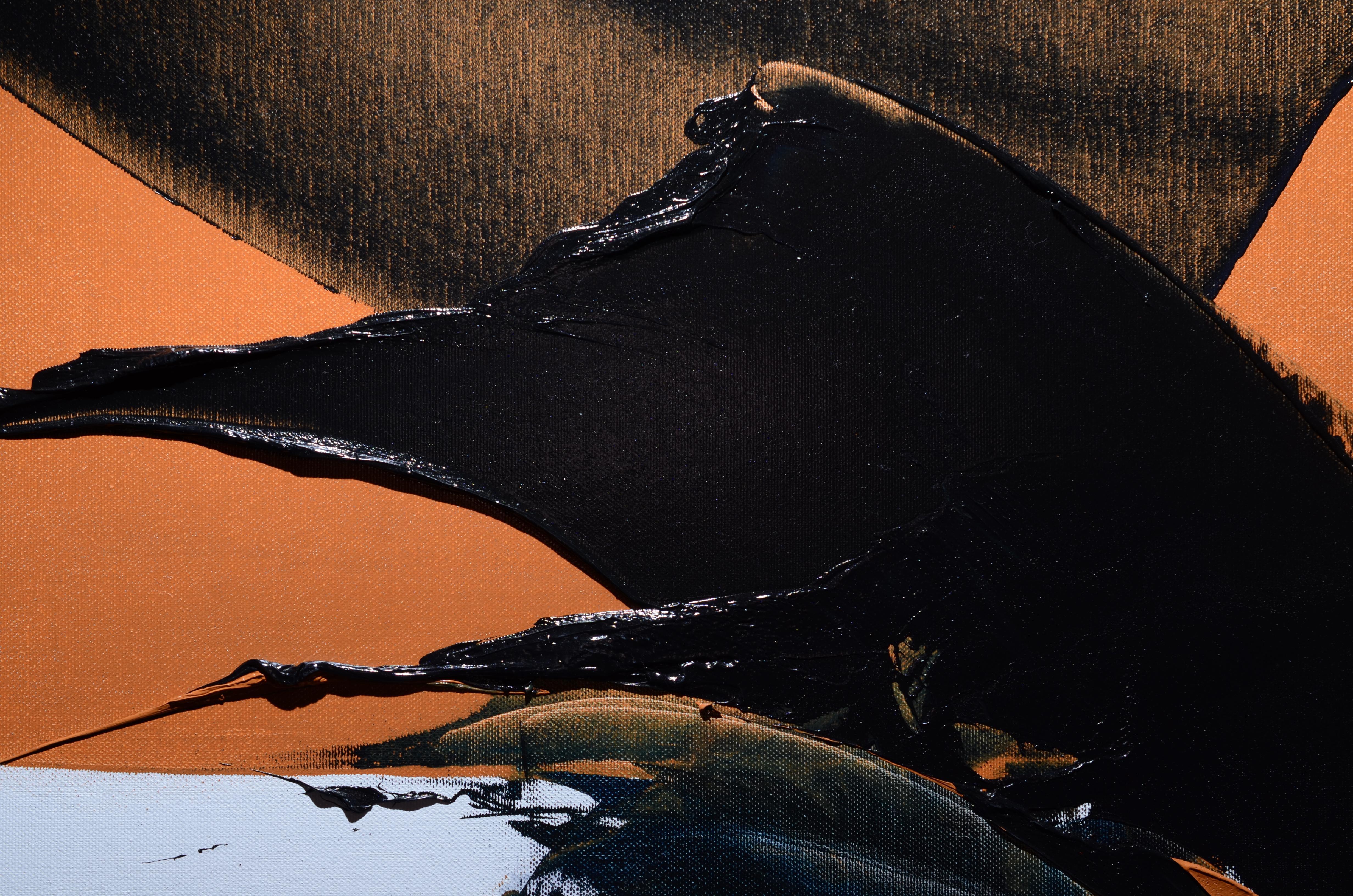 Dieses lyrische, abstrakte Gemälde von Jean Soyer scheint einen Kampf zwischen zwei Wellen im Vordergrund zu zeigen, mit viel Materie und Reliefs und einem Gefühl von gebrochener Symmetrie.  Die Nüchternheit des Hintergrunds, sowohl in Form als auch