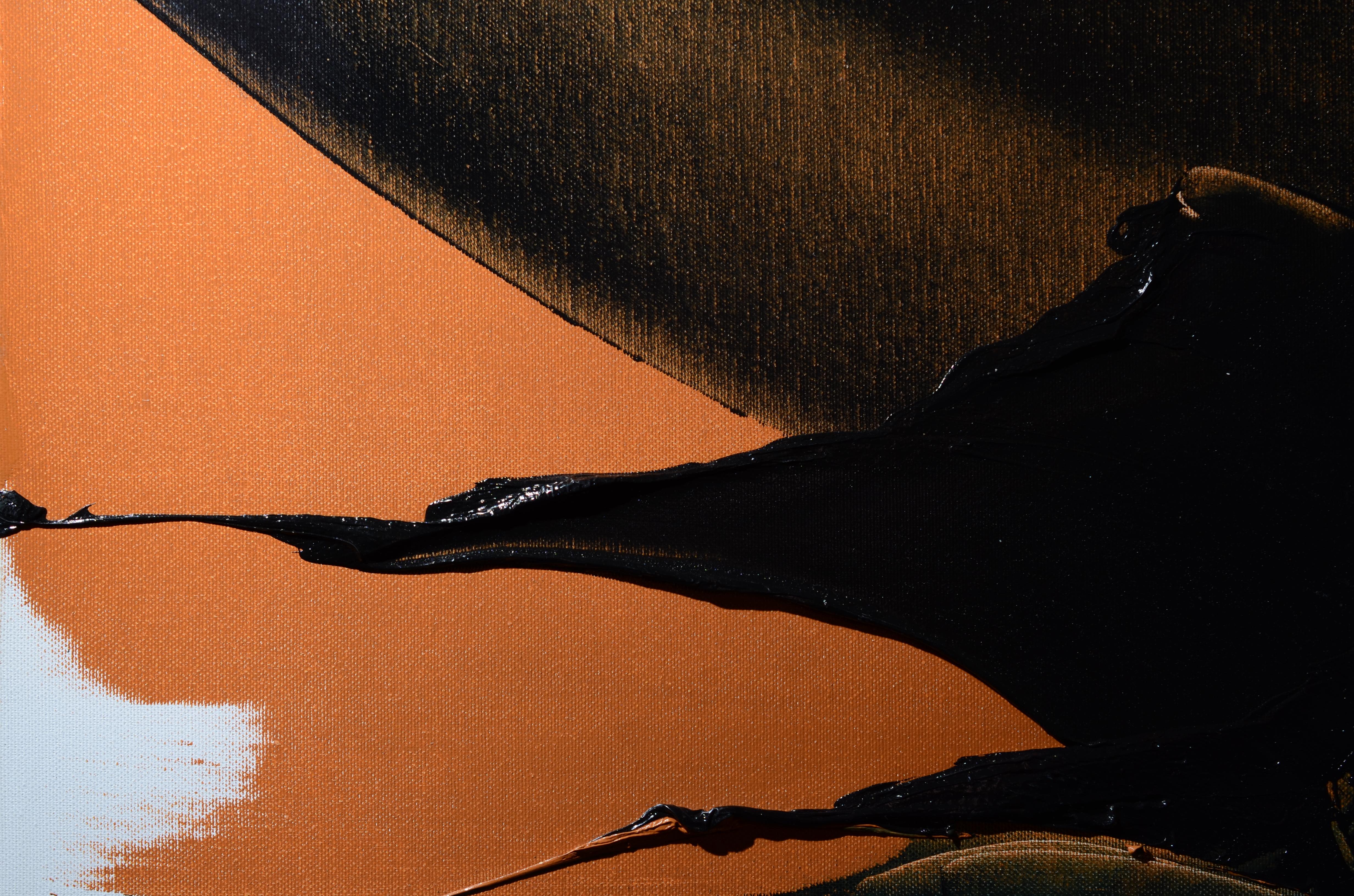 Großes abstraktes Ölgemälde mit dunklen Schleifen auf weißem und orangefarbenem Hintergrund, ohne Titel (Schwarz), Abstract Painting, von Jean Soyer