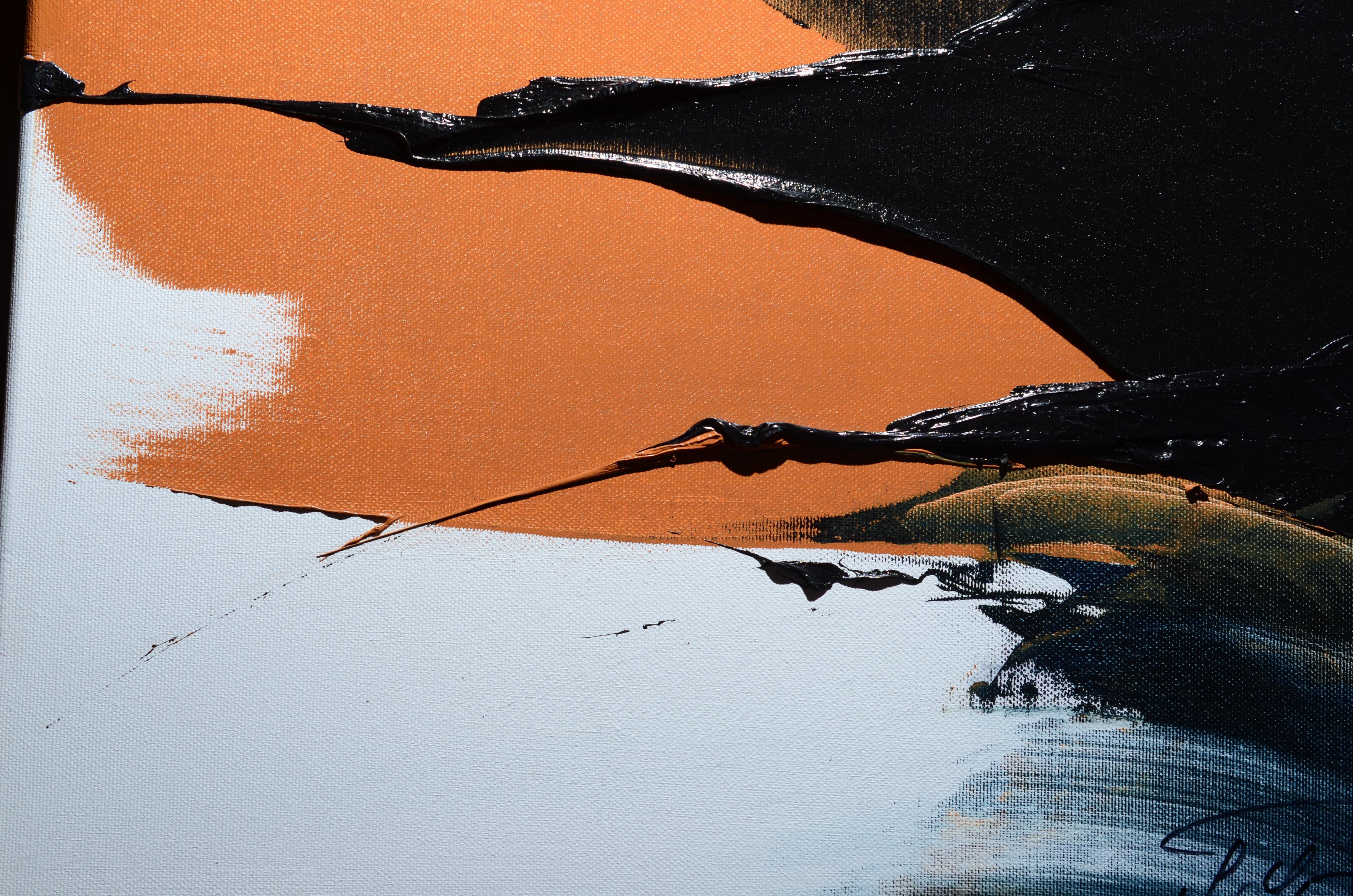Großes abstraktes Ölgemälde mit dunklen Schleifen auf weißem und orangefarbenem Hintergrund, ohne Titel im Angebot 2