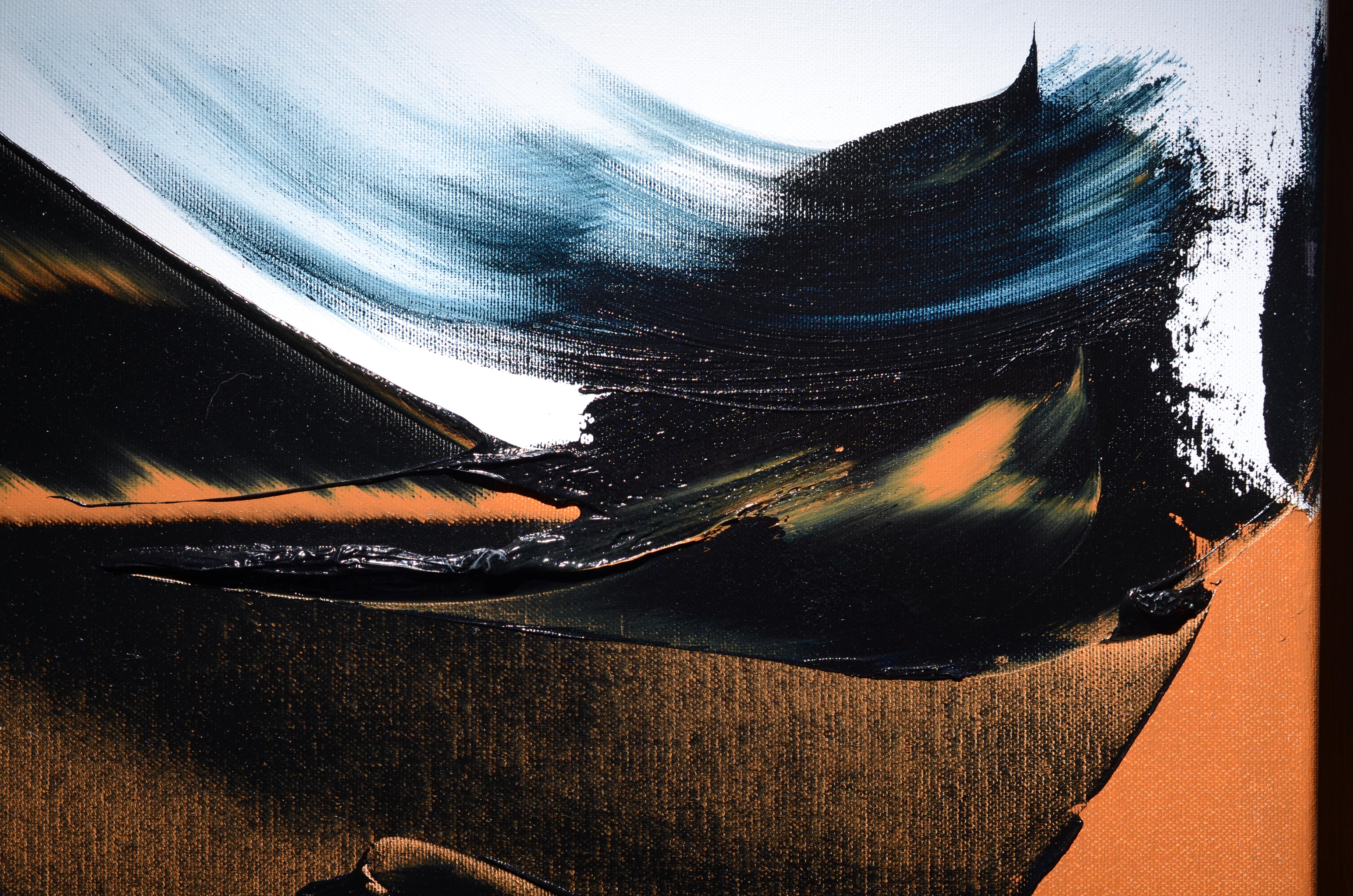 Großes abstraktes Ölgemälde mit dunklen Schleifen auf weißem und orangefarbenem Hintergrund, ohne Titel im Angebot 3
