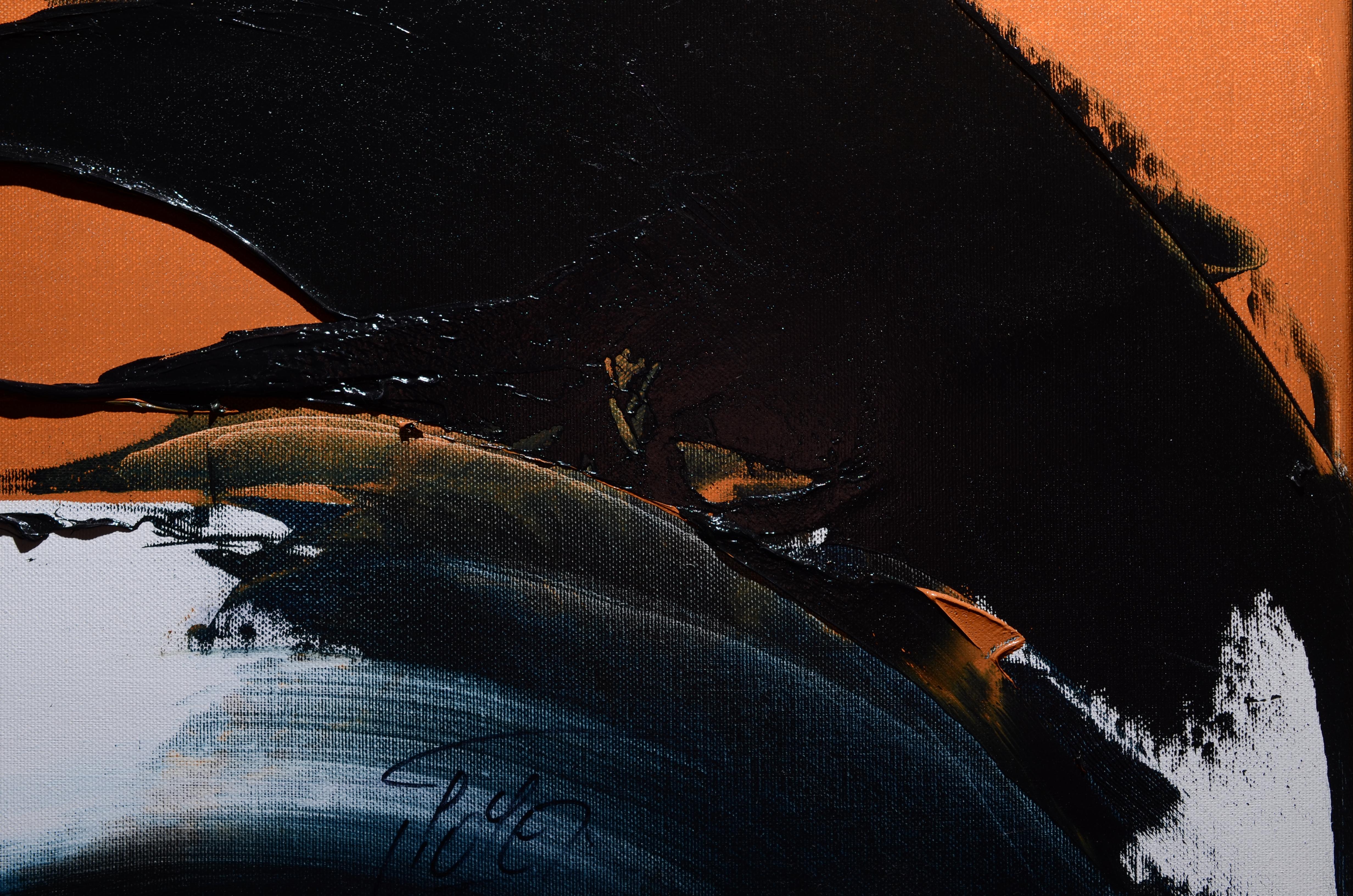 Großes abstraktes Ölgemälde mit dunklen Schleifen auf weißem und orangefarbenem Hintergrund, ohne Titel im Angebot 4