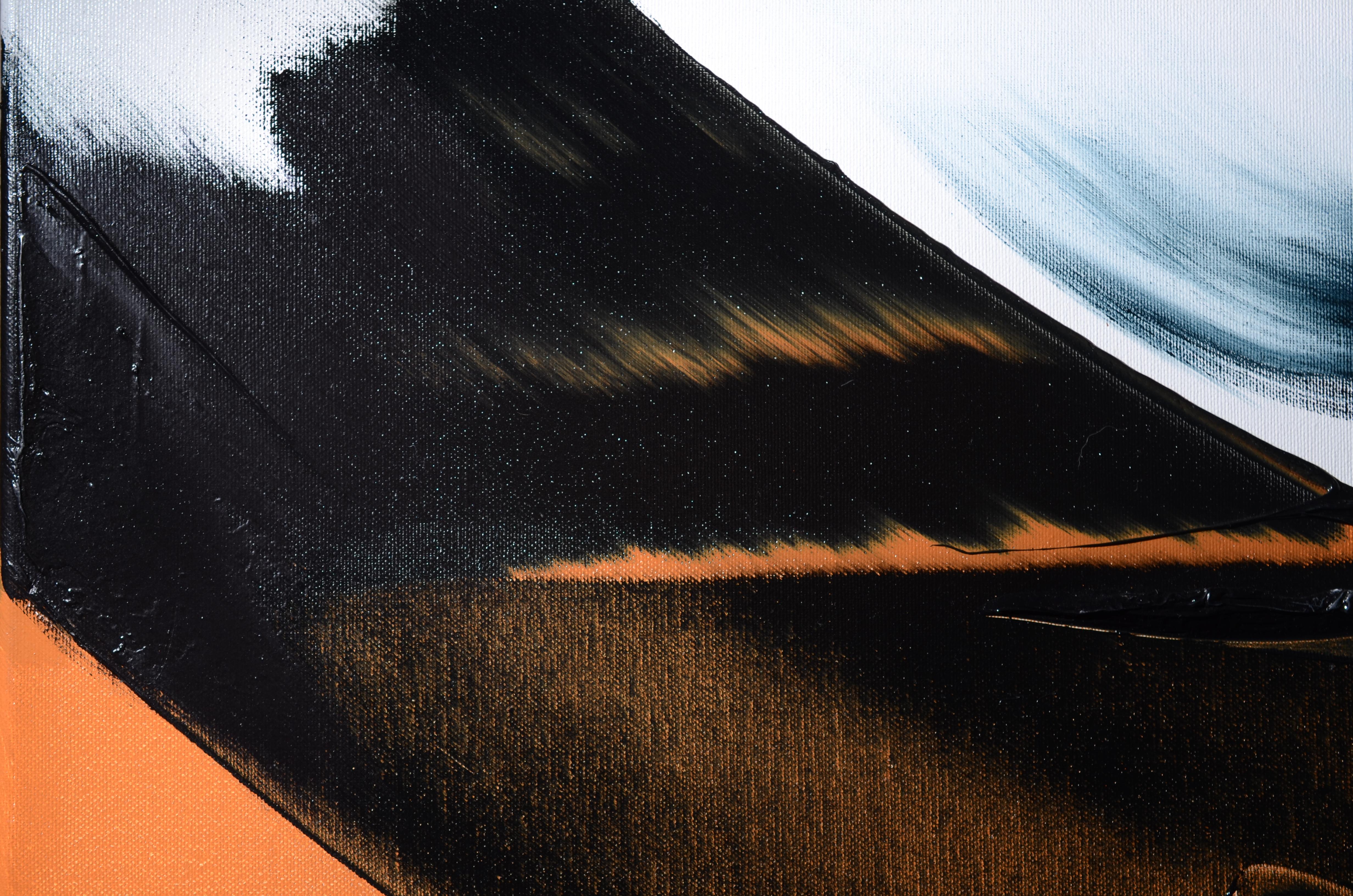 Großes abstraktes Ölgemälde mit dunklen Schleifen auf weißem und orangefarbenem Hintergrund, ohne Titel (Abstrakt), Painting, von Jean Soyer