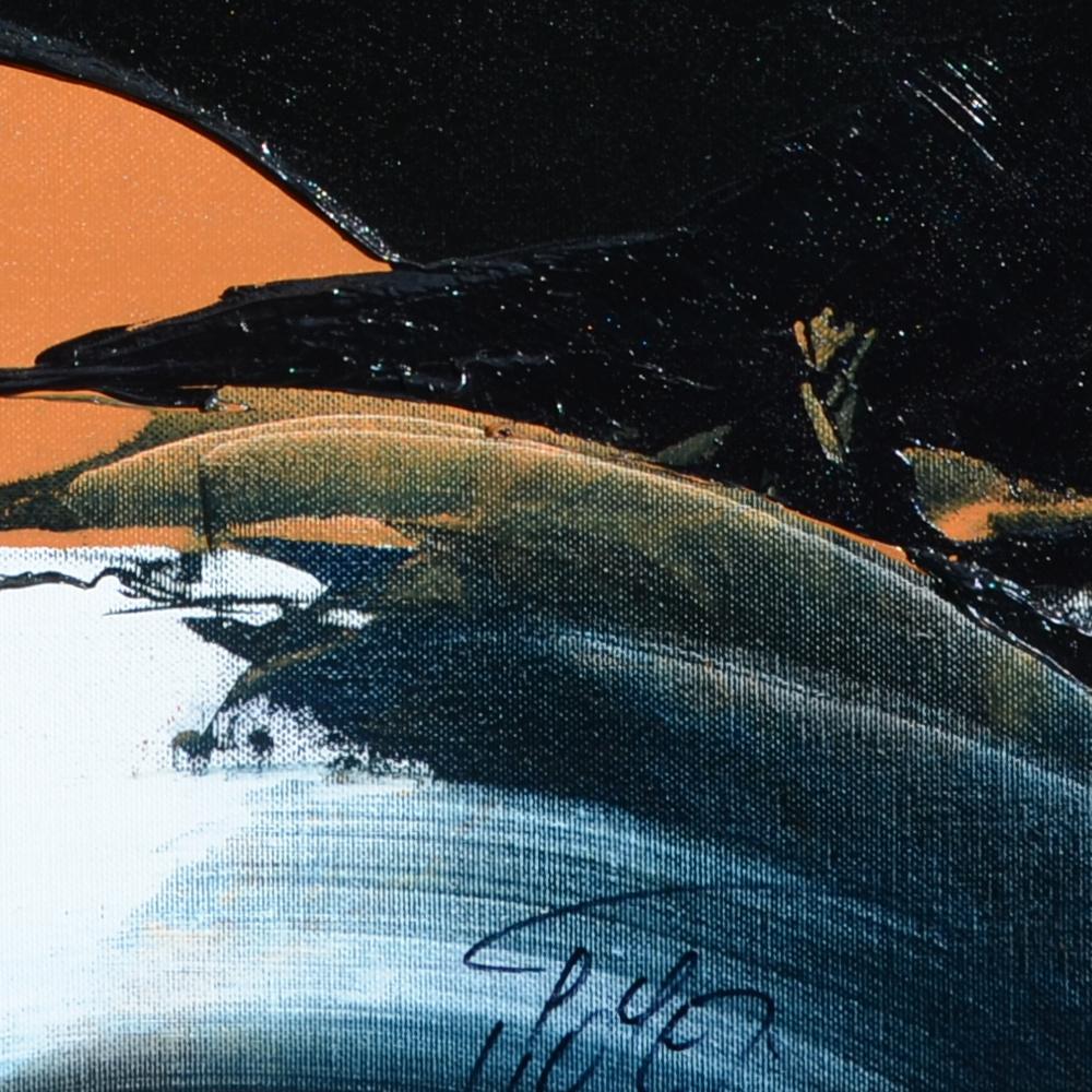 Großes abstraktes Ölgemälde mit dunklen Schleifen auf weißem und orangefarbenem Hintergrund, ohne Titel im Angebot 8