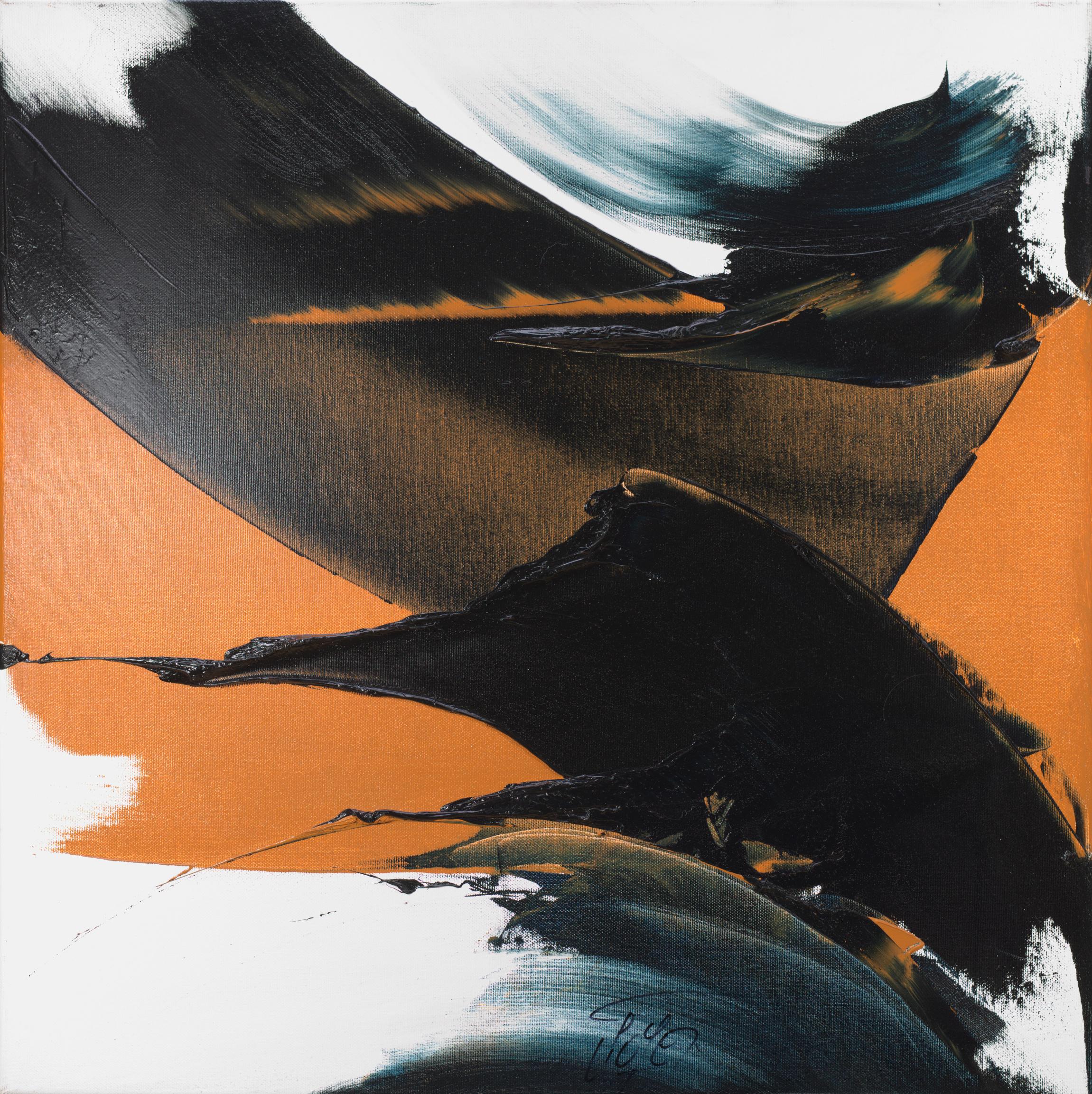 Jean Soyer Abstract Painting – Großes abstraktes Ölgemälde mit dunklen Schleifen auf weißem und orangefarbenem Hintergrund, ohne Titel