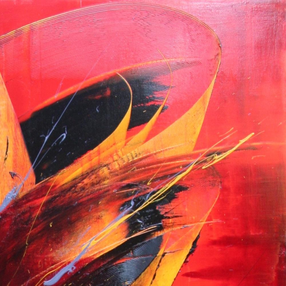 Large Ghostly Shaped Black and Yellow on Red Abstract Oil Painting 7