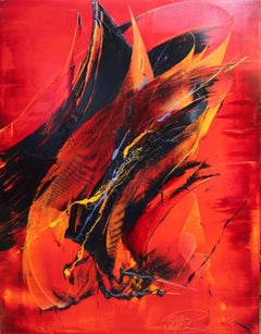 Large Ghostly Shaped Black and Yellow on Red Abstract Oil Painting