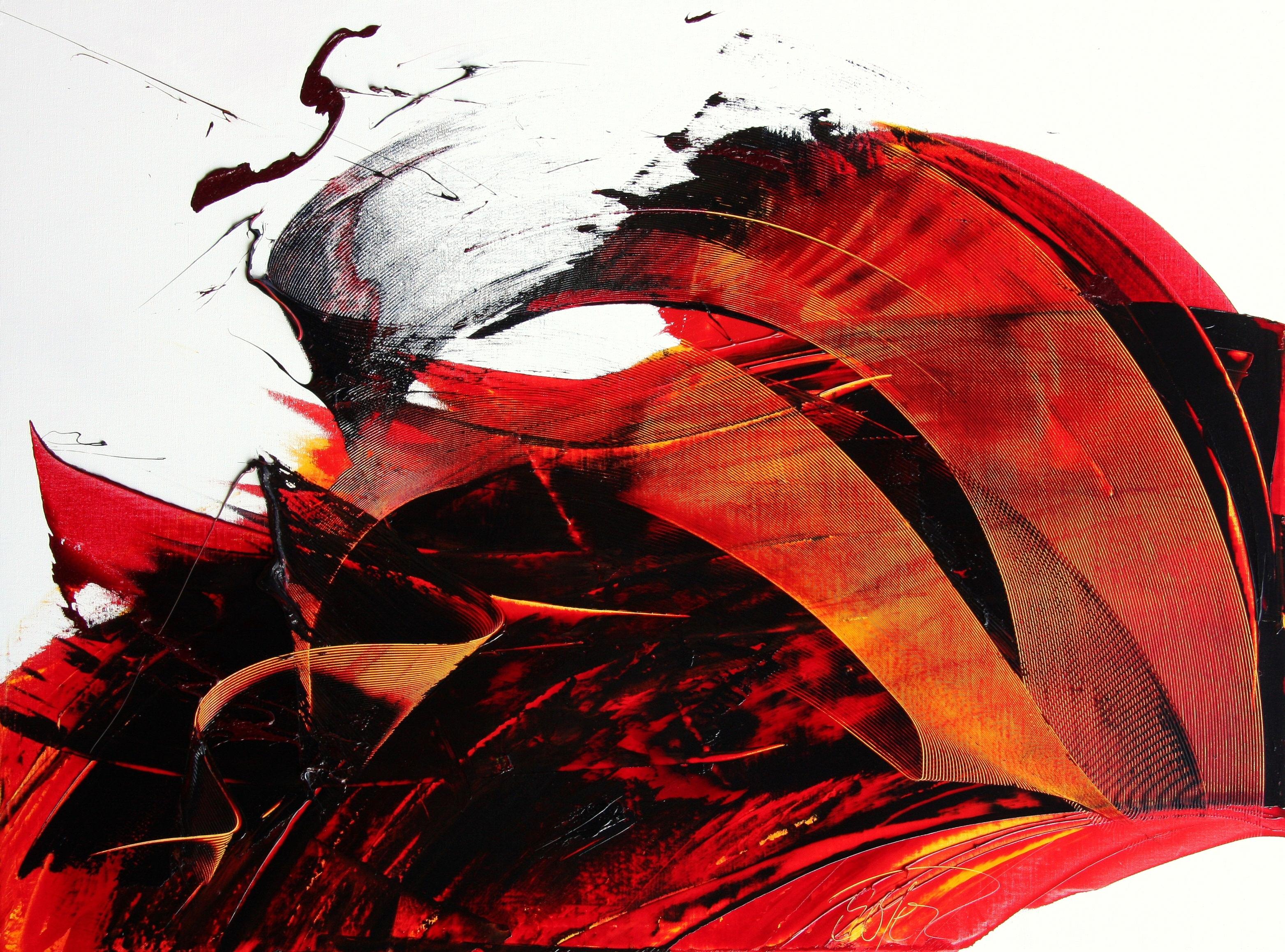 Abstract Painting Jean Soyer - Grande peinture à l'huile abstraite luminescente rouge foncé sur fond blanc