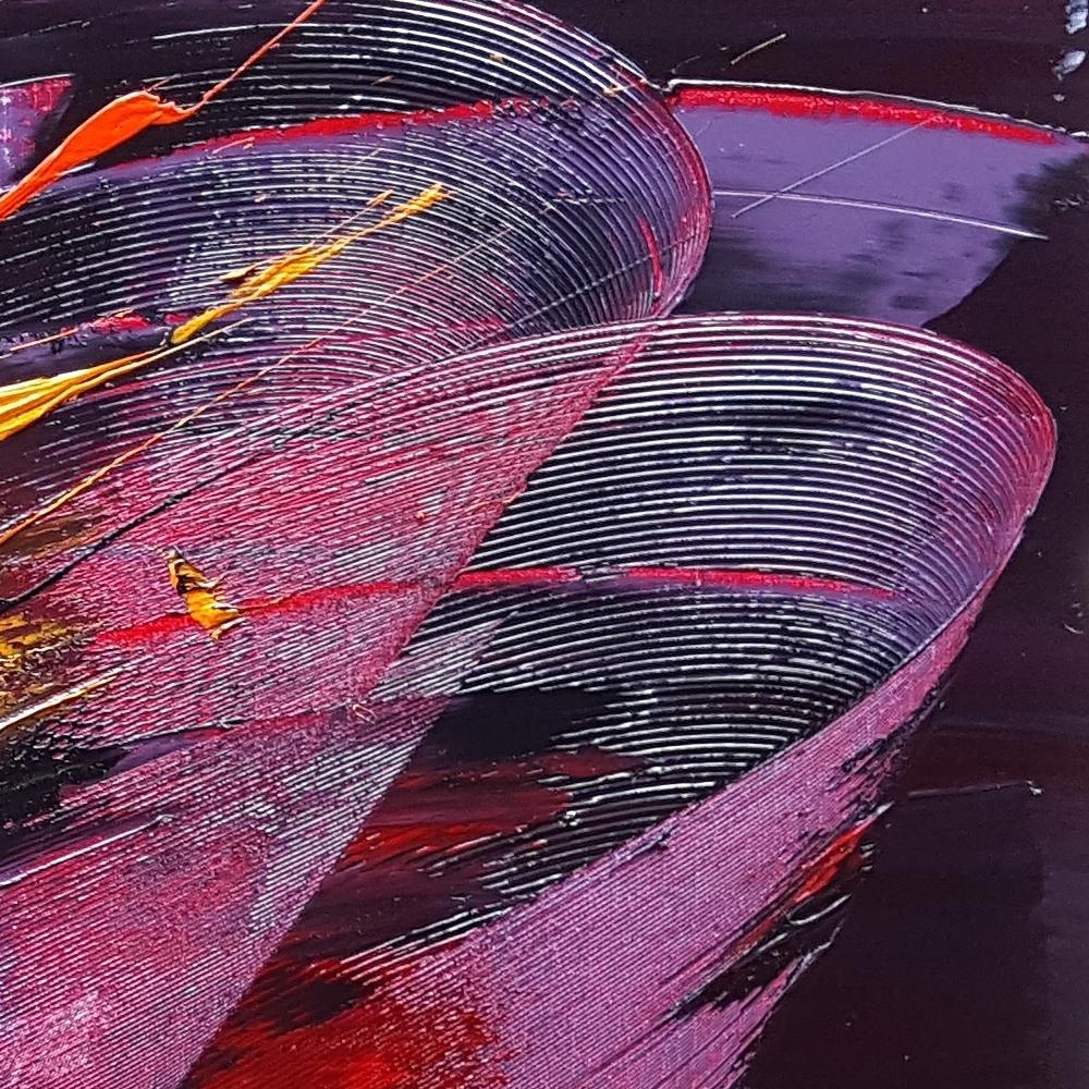 Große kraftvolle Schmetterling geformt lila rot und gelb abstrakte Ölgemälde im Angebot 10