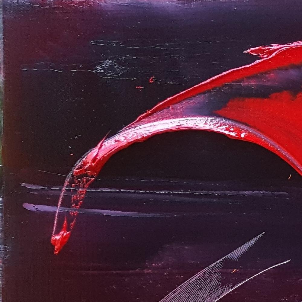 Grande e potente farfalla a forma di viola, rosso e giallo, pittura ad olio astratta 11