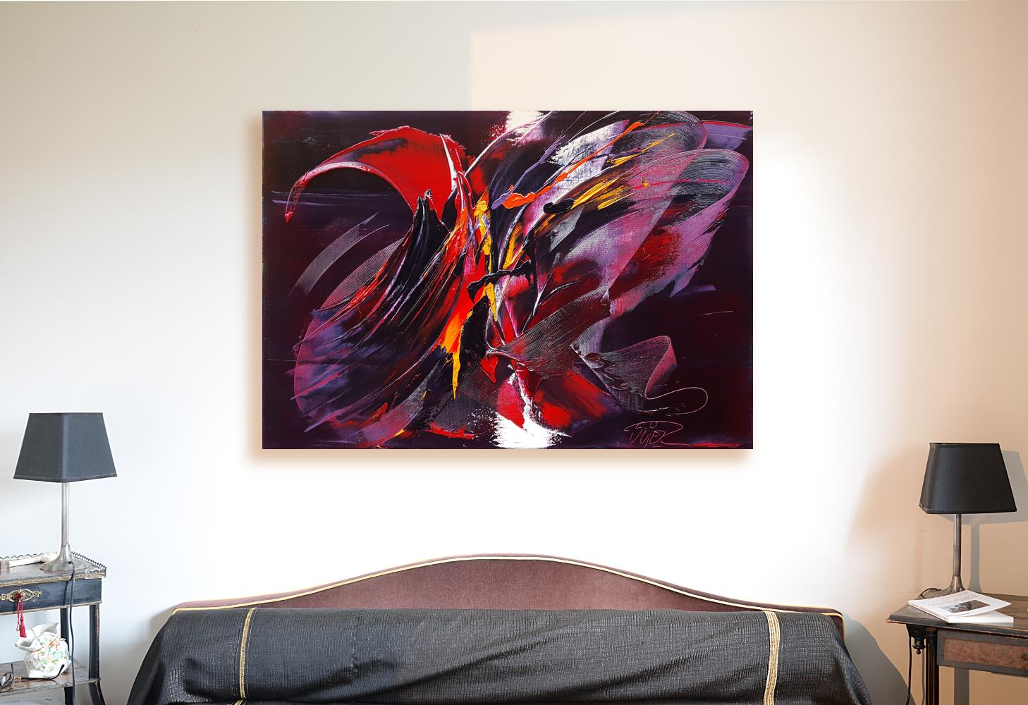 Große kraftvolle Schmetterling geformt lila rot und gelb abstrakte Ölgemälde – Painting von Jean Soyer