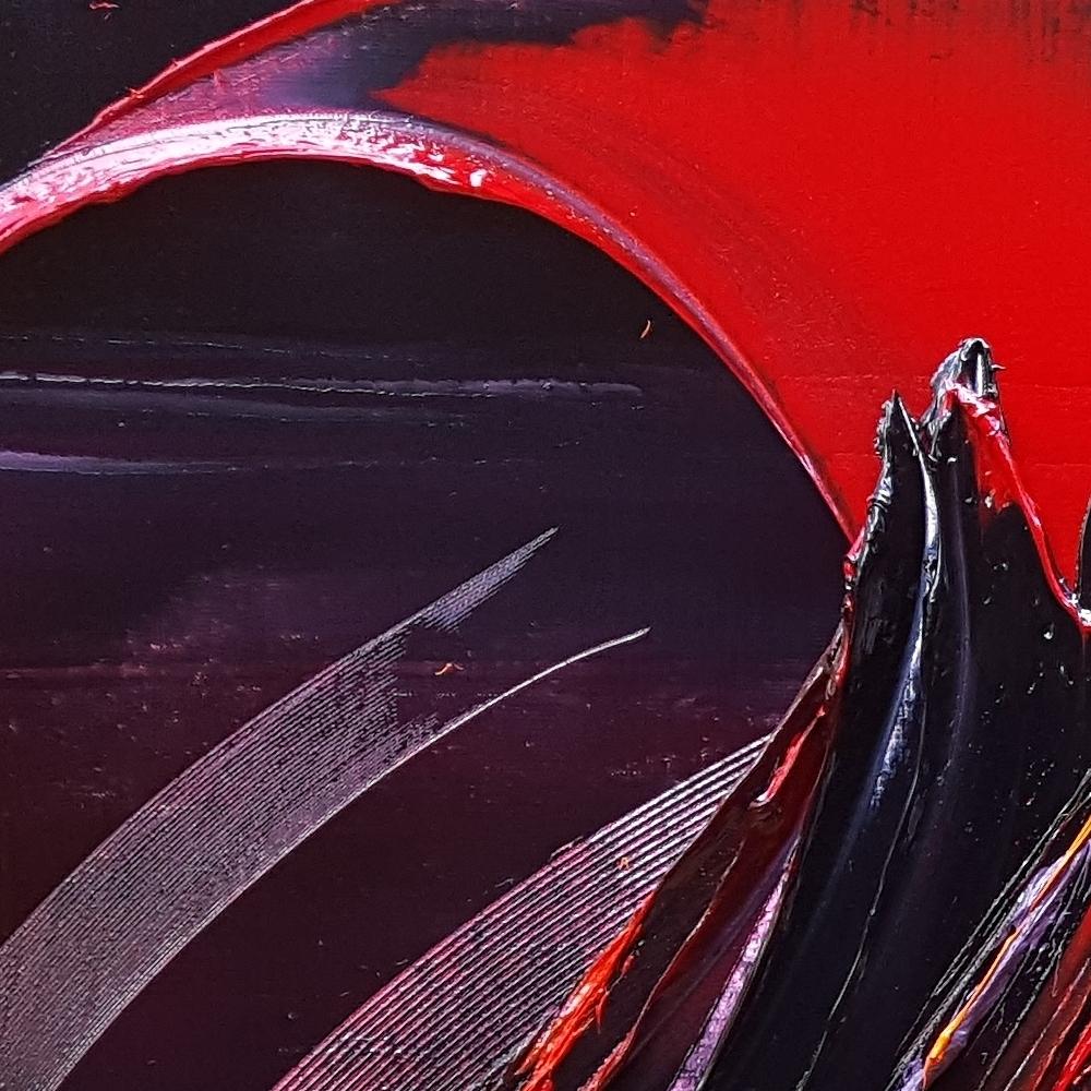 Grande e potente farfalla a forma di viola, rosso e giallo, pittura ad olio astratta - Abstract Painting Nero di Jean Soyer