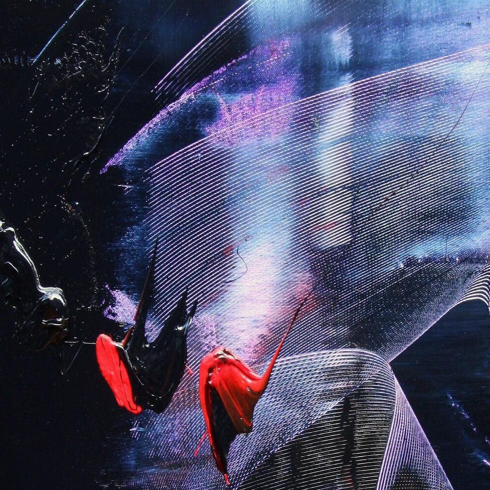 Abstraktes Ölgemälde in Mauve und Blau mit Evanescence- und Rottönen auf dunklem Hintergrund im Angebot 6