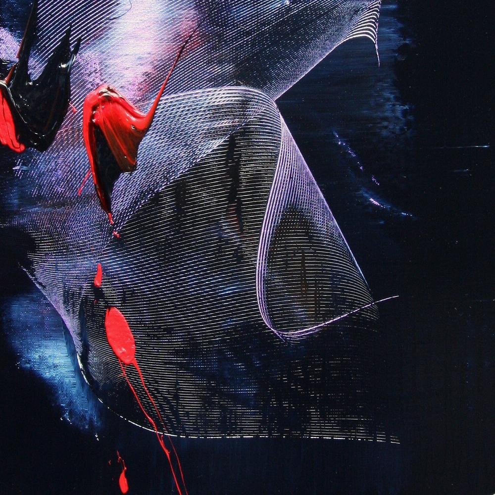 Abstraktes Ölgemälde in Mauve und Blau mit Evanescence- und Rottönen auf dunklem Hintergrund im Angebot 7