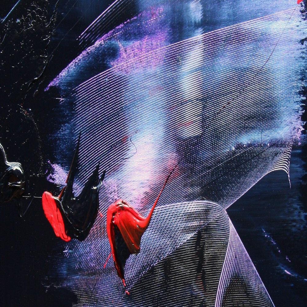 Abstraktes Ölgemälde in Mauve und Blau mit Evanescence- und Rottönen auf dunklem Hintergrund im Angebot 8