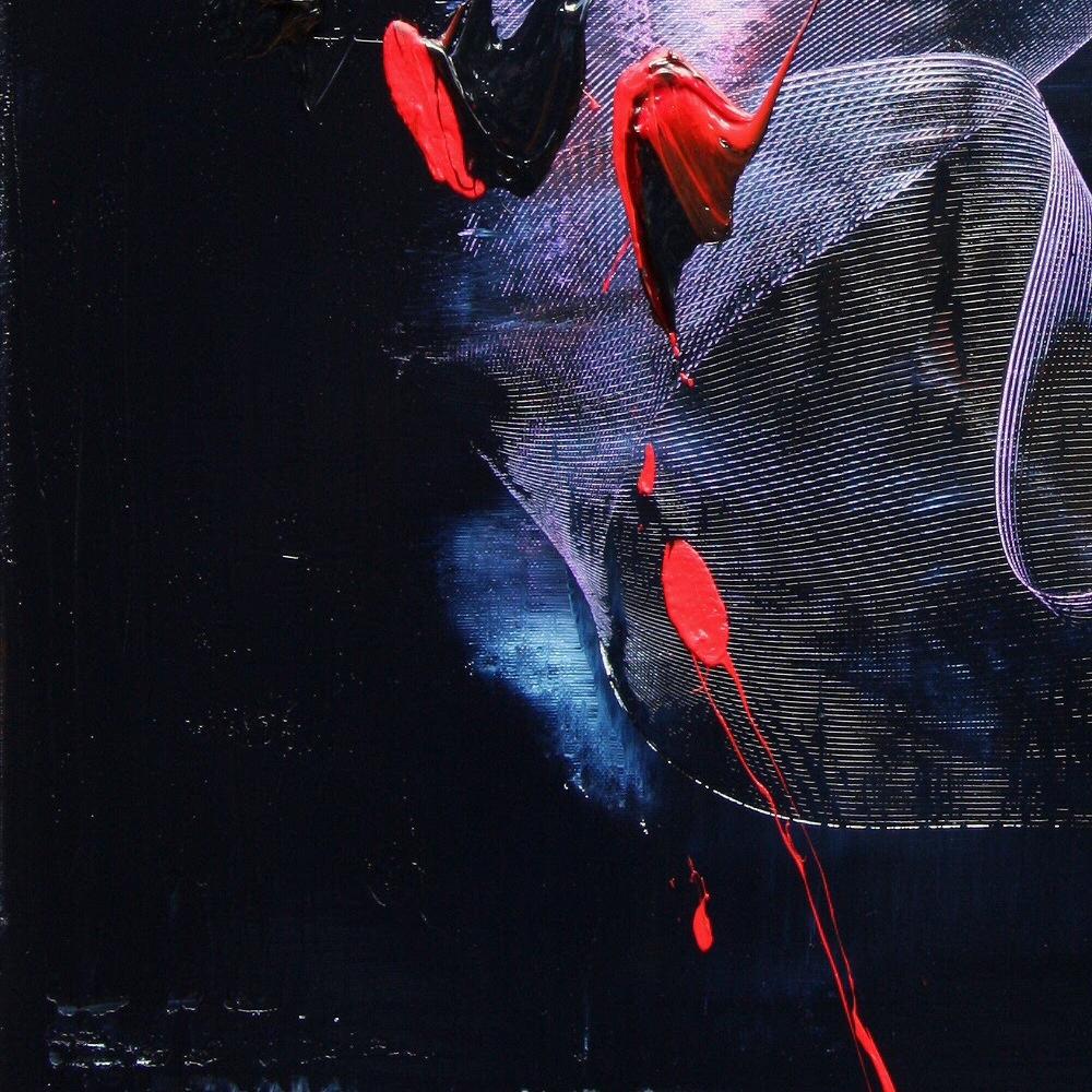 Abstraktes Ölgemälde in Mauve und Blau mit Evanescence- und Rottönen auf dunklem Hintergrund im Angebot 10