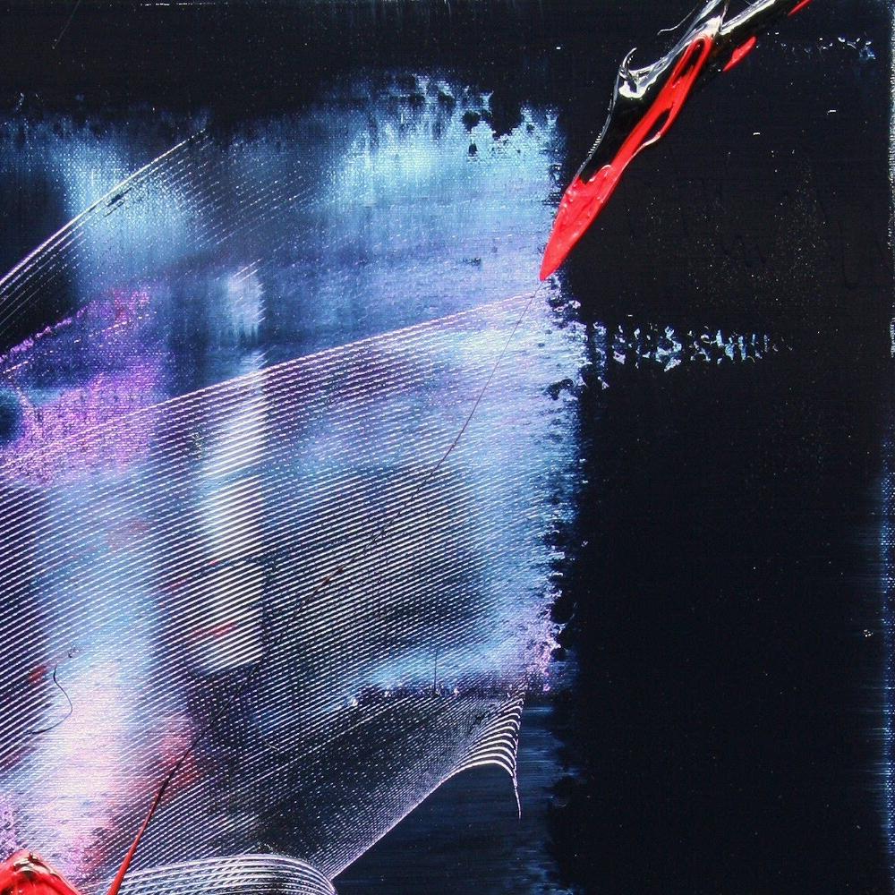 Abstraktes Ölgemälde in Mauve und Blau mit Evanescence- und Rottönen auf dunklem Hintergrund im Angebot 11