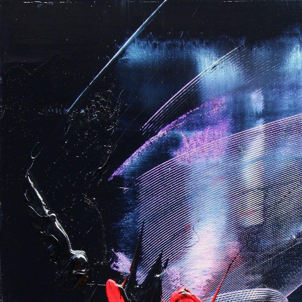 Evanescenza blu e malva e tocchi di rosso su sfondo scuro Pittura a olio astratta 11