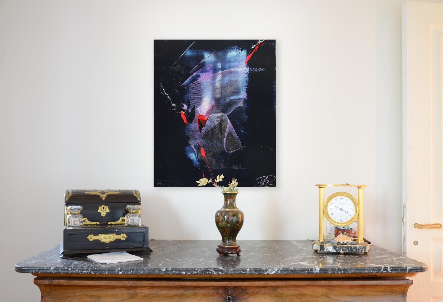 Abstraktes Ölgemälde in Mauve und Blau mit Evanescence- und Rottönen auf dunklem Hintergrund – Painting von Jean Soyer