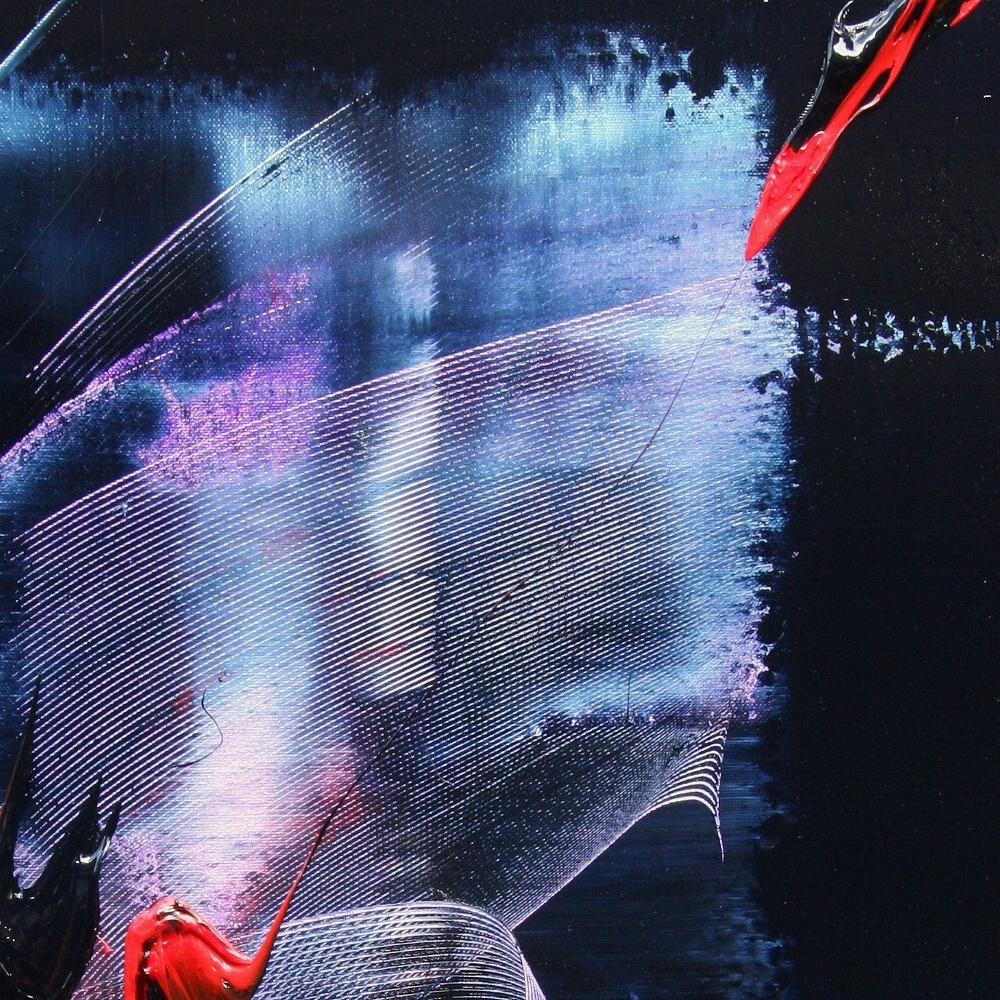 Abstraktes Ölgemälde in Mauve und Blau mit Evanescence- und Rottönen auf dunklem Hintergrund (Schwarz), Abstract Painting, von Jean Soyer