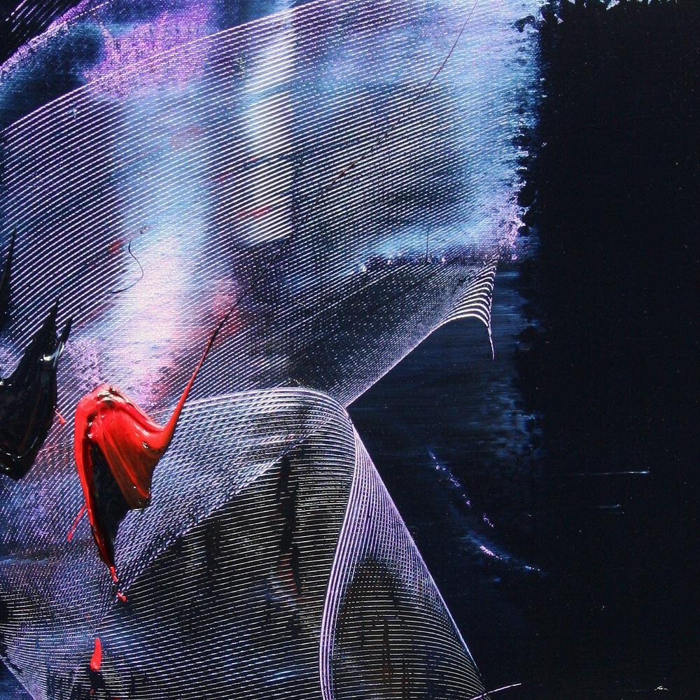 Abstraktes Ölgemälde in Mauve und Blau mit Evanescence- und Rottönen auf dunklem Hintergrund im Angebot 1