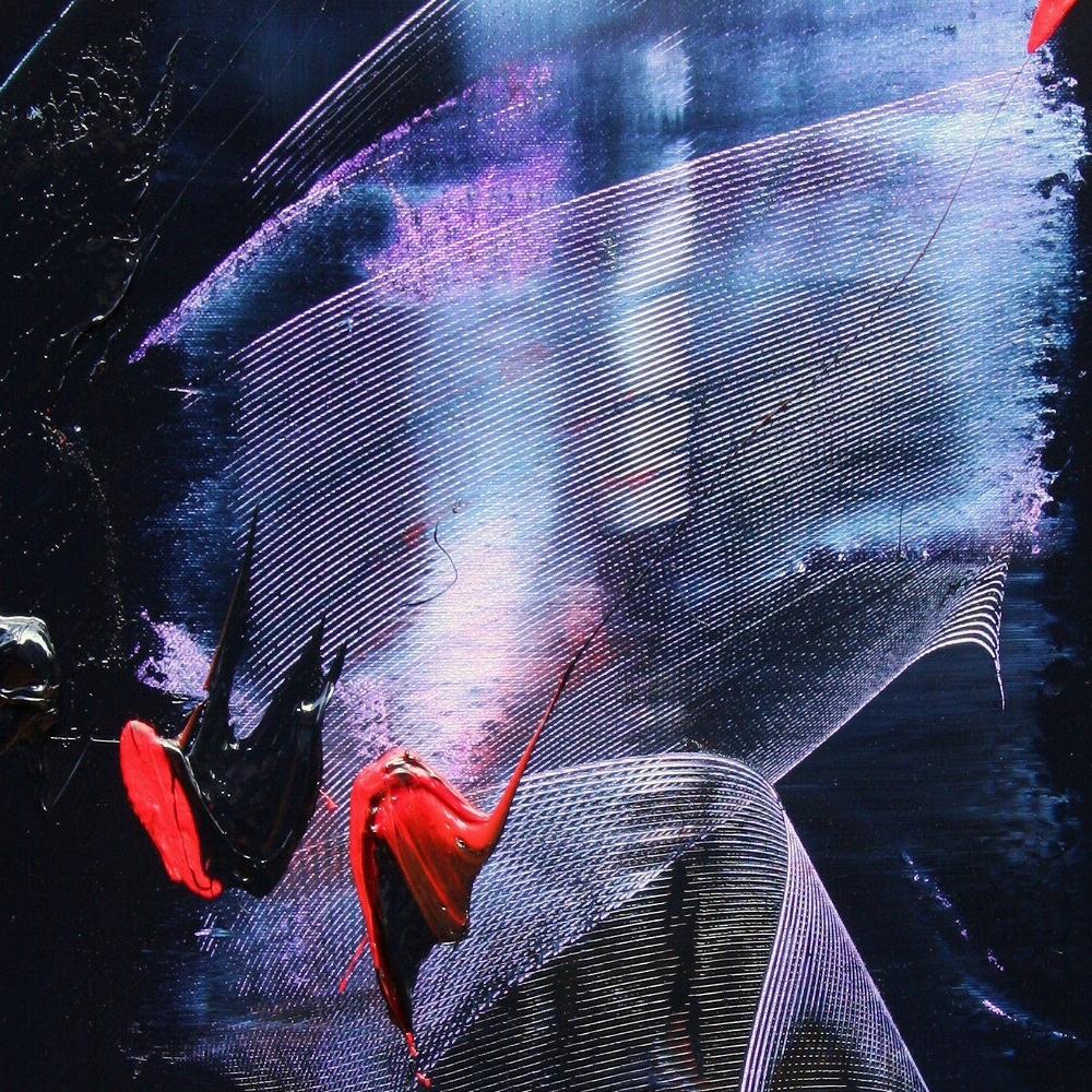 Abstraktes Ölgemälde in Mauve und Blau mit Evanescence- und Rottönen auf dunklem Hintergrund im Angebot 2