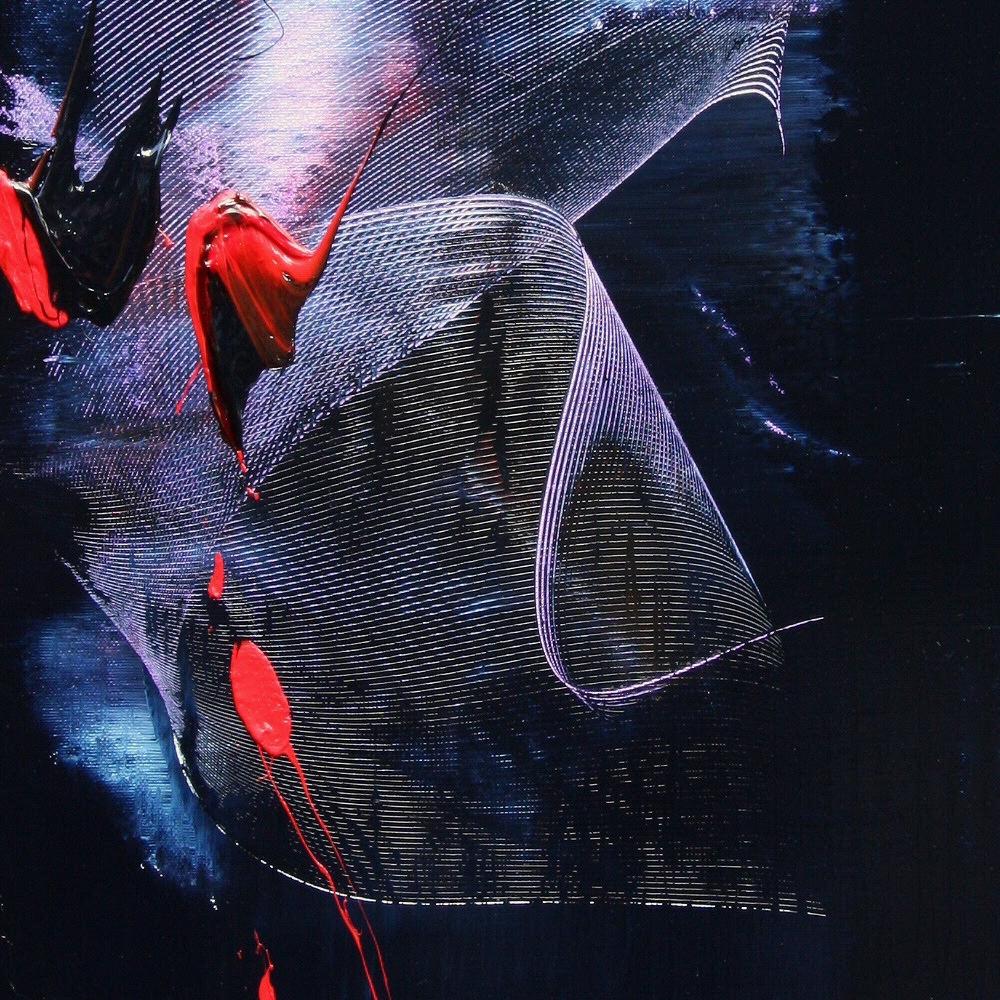 Abstraktes Ölgemälde in Mauve und Blau mit Evanescence- und Rottönen auf dunklem Hintergrund im Angebot 3