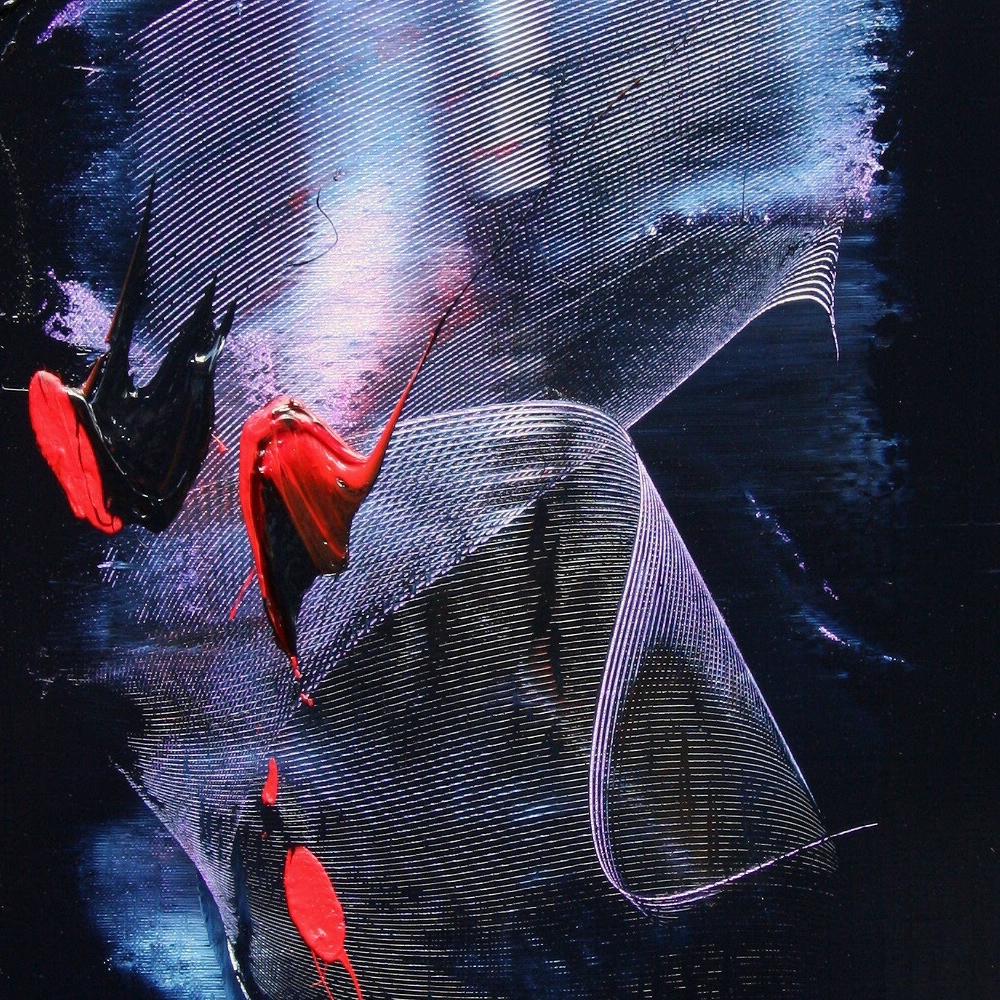 Abstraktes Ölgemälde in Mauve und Blau mit Evanescence- und Rottönen auf dunklem Hintergrund im Angebot 4