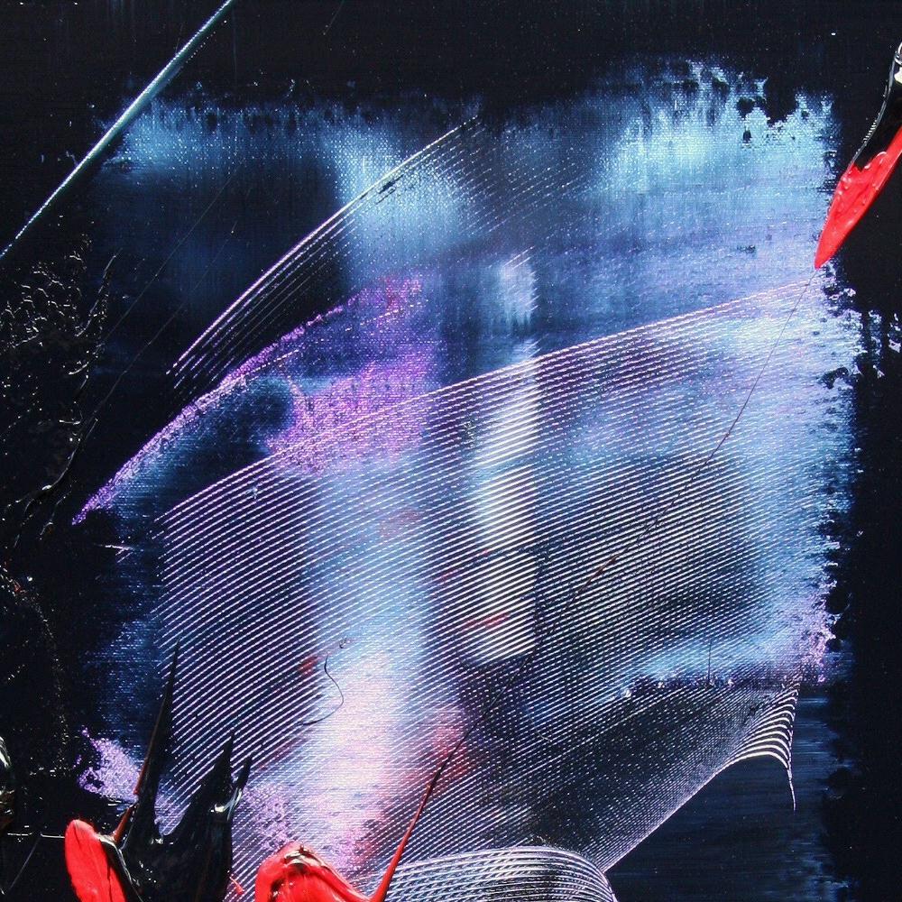 Abstraktes Ölgemälde in Mauve und Blau mit Evanescence- und Rottönen auf dunklem Hintergrund im Angebot 5