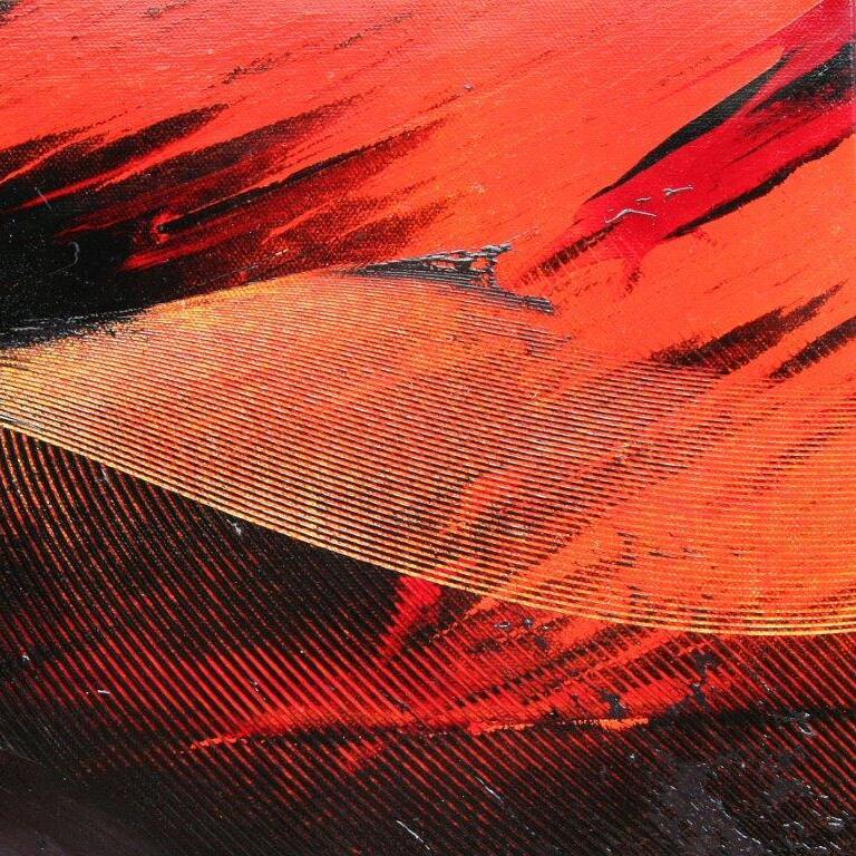 Originale dipinto astratto a olio di Jean Soyer, caratterizzato da gesti audaci e ampi in rosso vibrante e nero profondo. Creato su tela, misura 11,8 x 11,8 pollici (30 x 30 cm). La tecnica distintiva dell'artista impiega pennelli e pettini di