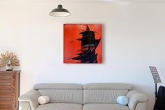 Mysterious Shadow Figure in Red - Contemporary Dark Art Oil Painting