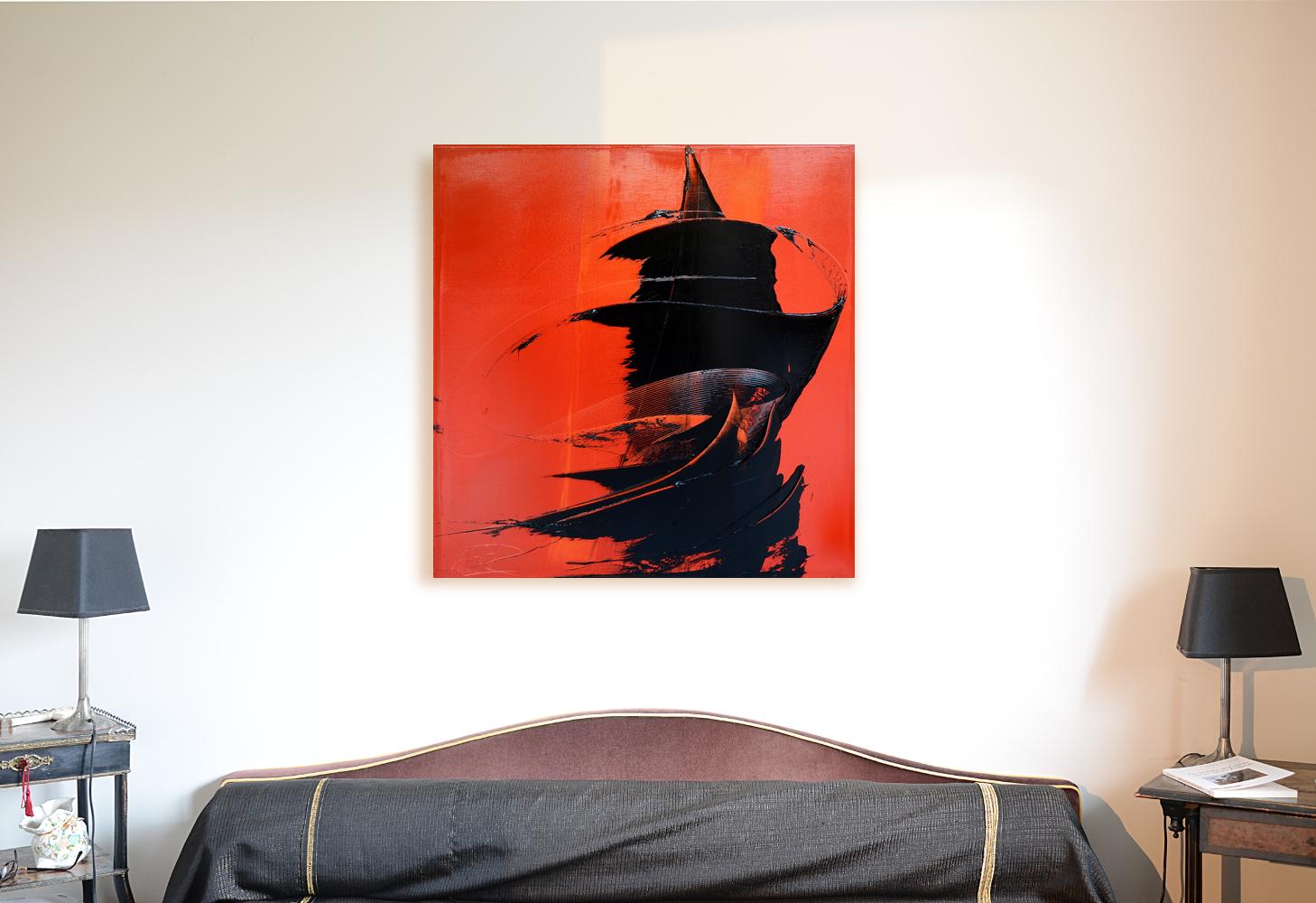 Misteriosa Figura de Sombra en Rojo - Pintura al Óleo Contemporánea de Arte Oscuro - Painting Contemporáneo de Jean Soyer