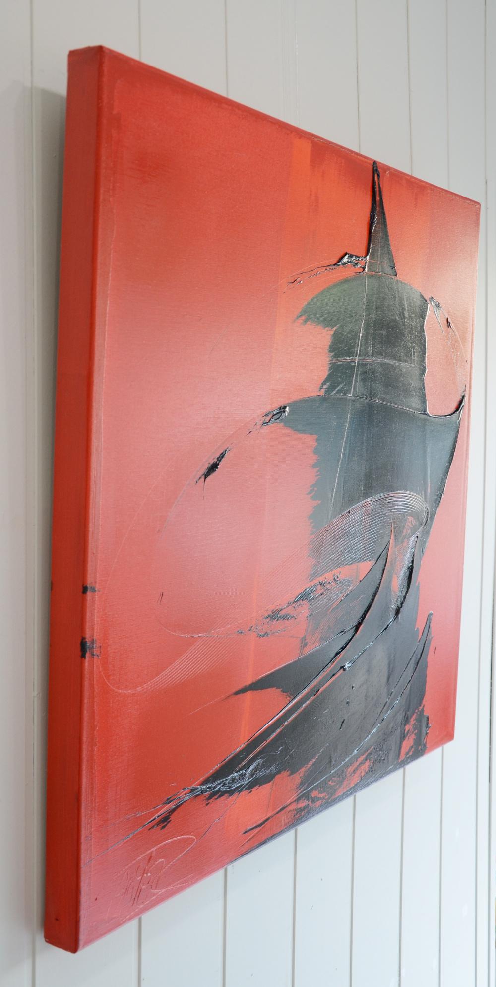 Misteriosa Figura de Sombra en Rojo - Pintura al Óleo Contemporánea de Arte Oscuro en venta 4