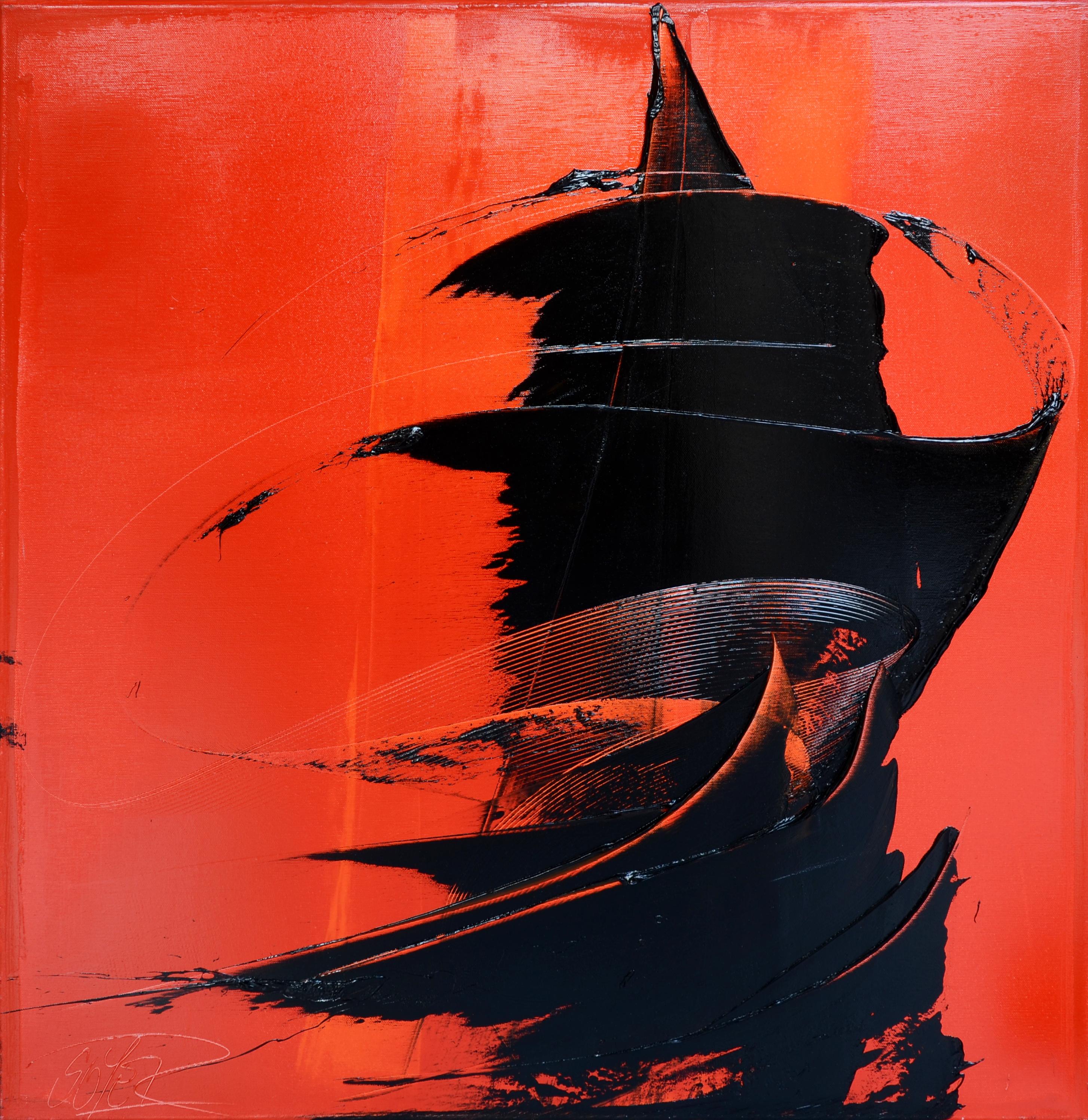 Abstract Painting de Jean Soyer - Misteriosa Figura de Sombra en Rojo - Pintura al Óleo Contemporánea de Arte Oscuro
