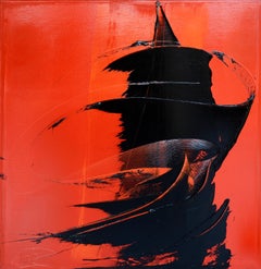 Mysterious Shadow Figure in Red - Contemporary Dark Art Oil Painting