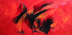 Powerful Black on Yellowish Red Abstract Oil Painting, Untitled