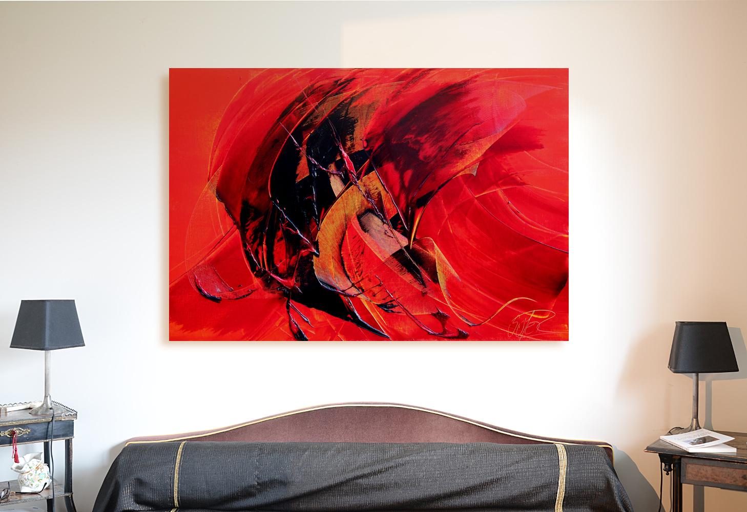 Potente dipinto ad olio astratto dinamico nero su rosso in movimento in vendita 8