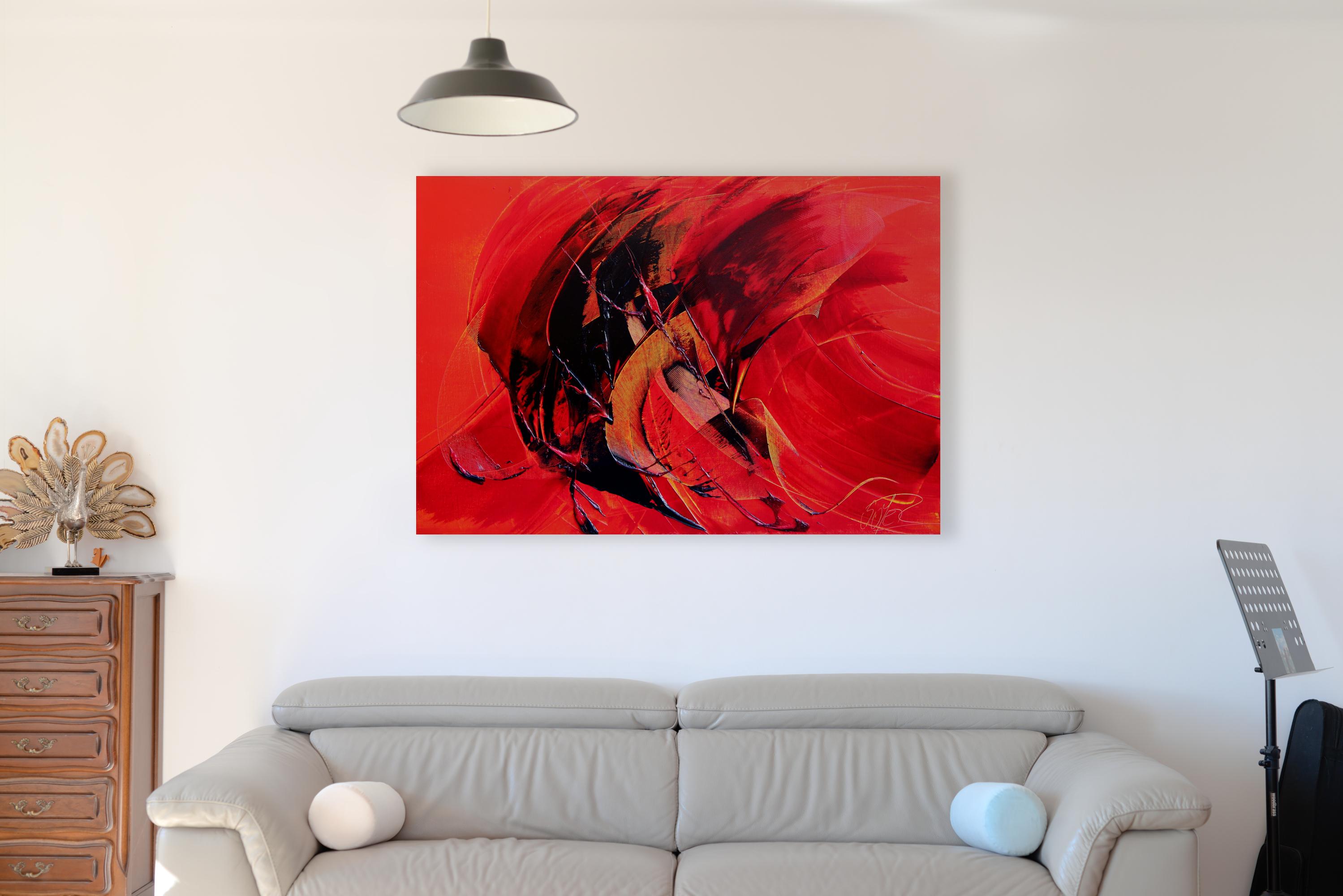 Potente dipinto ad olio astratto dinamico nero su rosso in movimento - Painting di Jean Soyer
