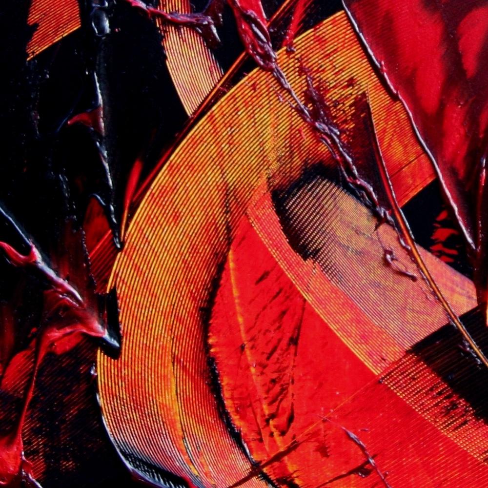 Potente dipinto ad olio astratto dinamico nero su rosso in movimento - Painting Contemporaneo di Jean Soyer