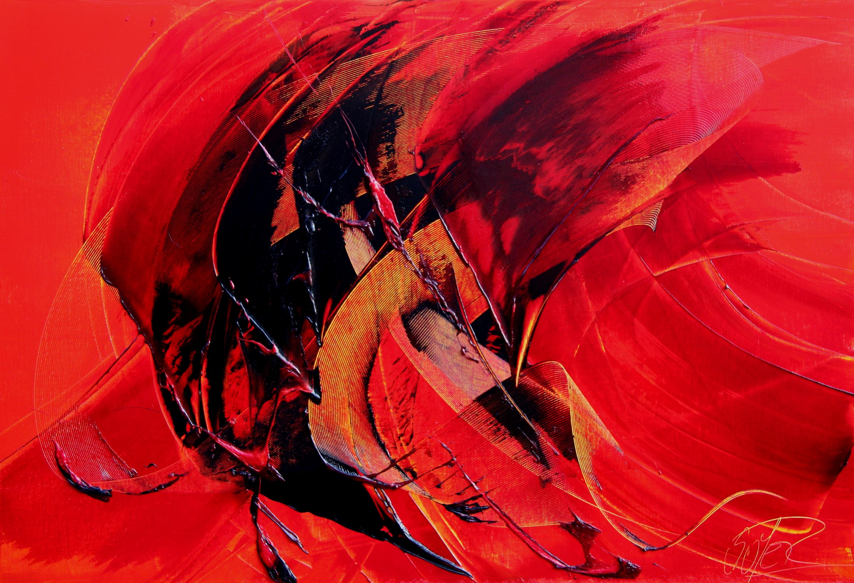 Abstract Painting di Jean Soyer - Potente dipinto ad olio astratto dinamico nero su rosso in movimento