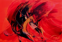 Powerful Dynamic Black on Red Motion Abstract Oil Painting