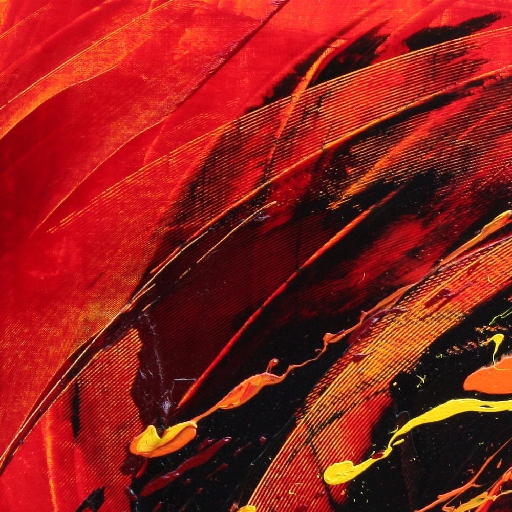 Großes abstraktes Ölgemälde auf rotem Hintergrund in Schwarz, Gelb und Orange, eindrucksvoll im Angebot 5