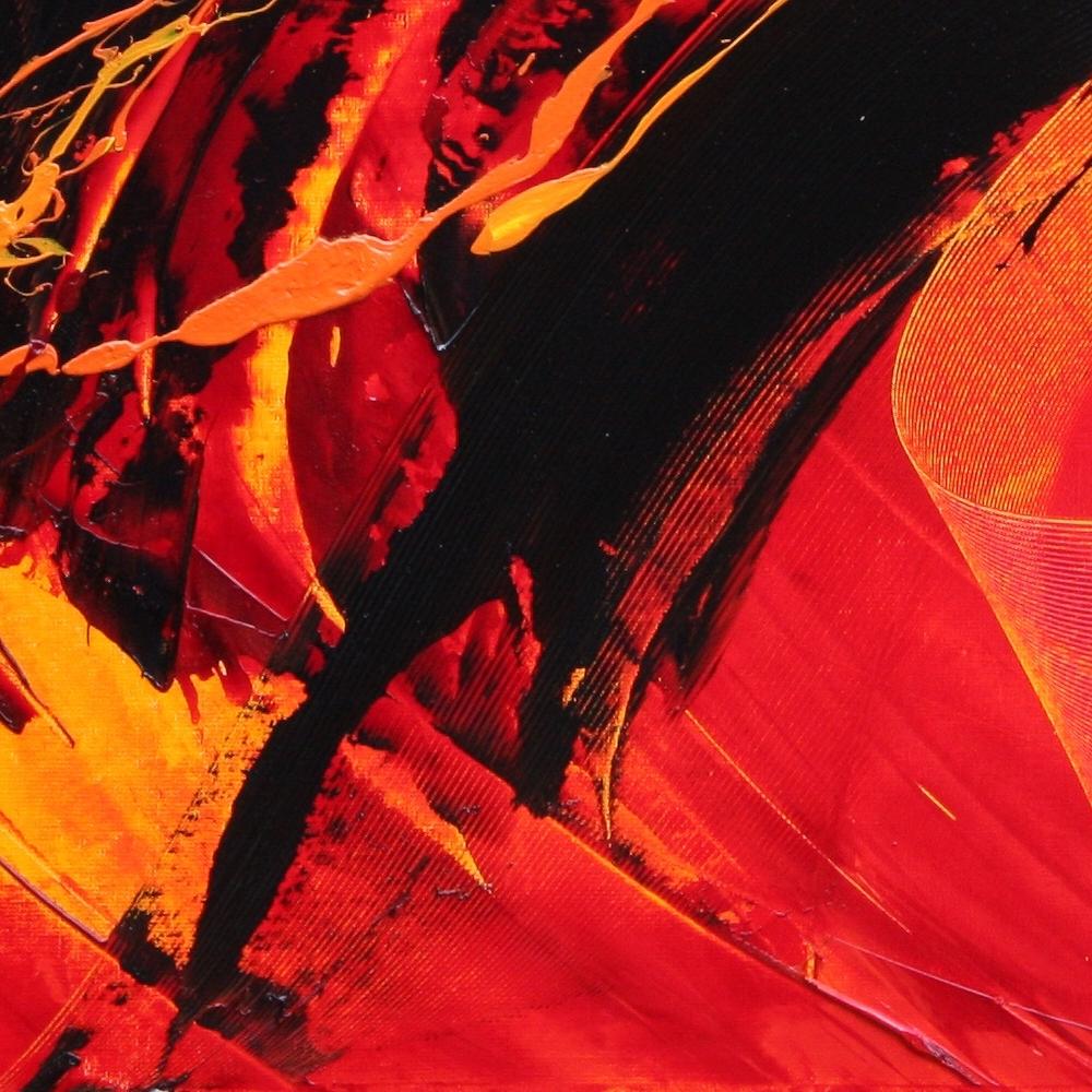 Großes abstraktes Ölgemälde auf rotem Hintergrund in Schwarz, Gelb und Orange, eindrucksvoll im Angebot 6
