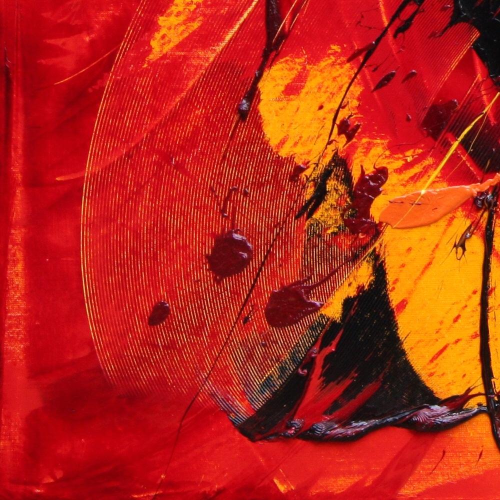 Großes abstraktes Ölgemälde auf rotem Hintergrund in Schwarz, Gelb und Orange, eindrucksvoll im Angebot 8