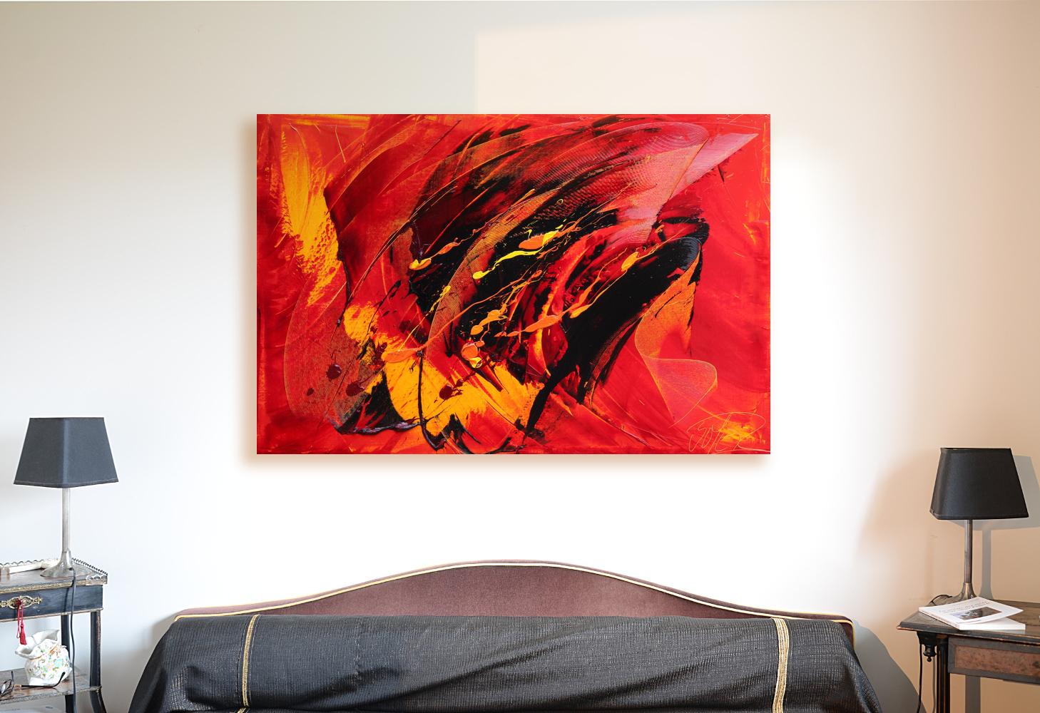 Großes abstraktes Ölgemälde auf rotem Hintergrund in Schwarz, Gelb und Orange, eindrucksvoll – Painting von Jean Soyer
