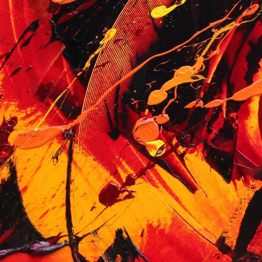 Großes abstraktes Ölgemälde auf rotem Hintergrund in Schwarz, Gelb und Orange, eindrucksvoll (Abstrakt), Painting, von Jean Soyer