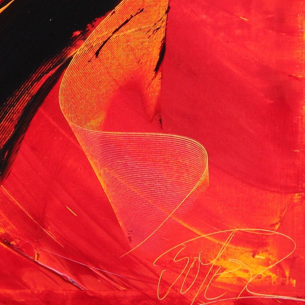 Pittura ad olio astratta di grandi dimensioni con sfondo nero, giallo e arancione 1