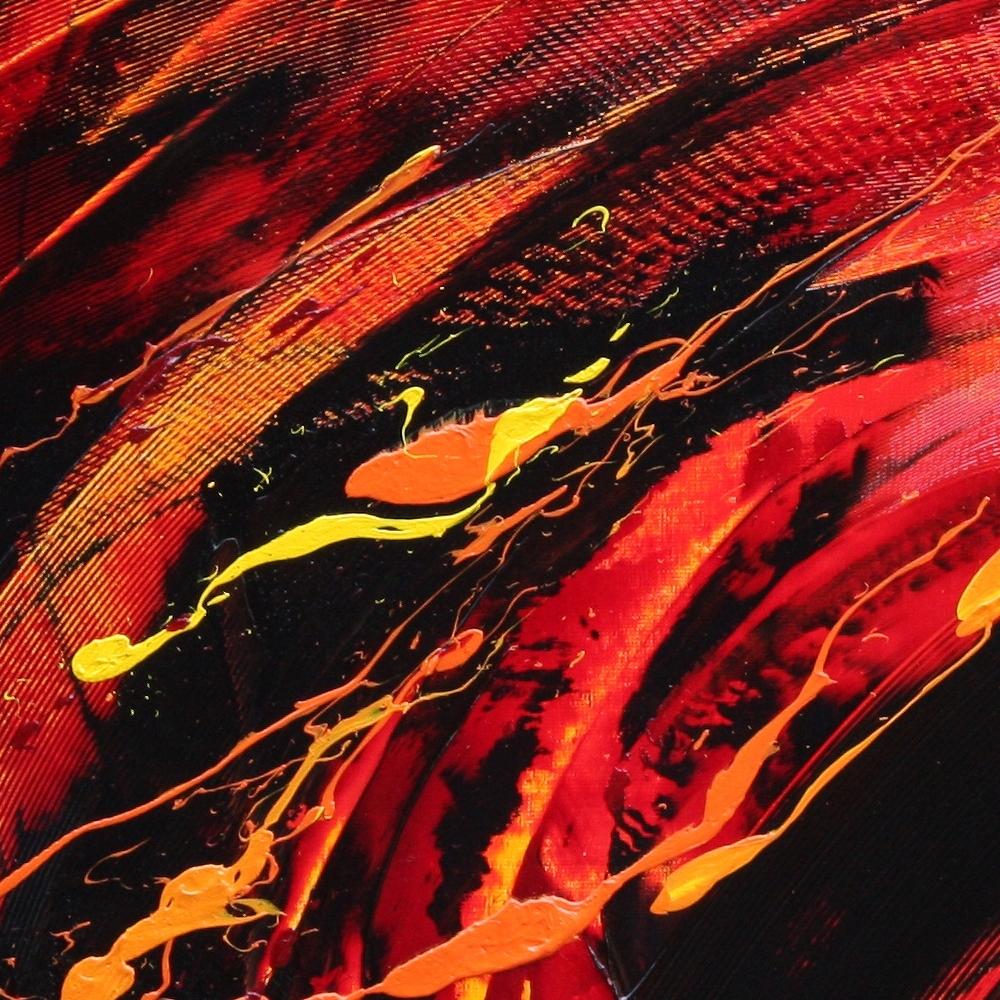 Großes abstraktes Ölgemälde auf rotem Hintergrund in Schwarz, Gelb und Orange, eindrucksvoll im Angebot 2