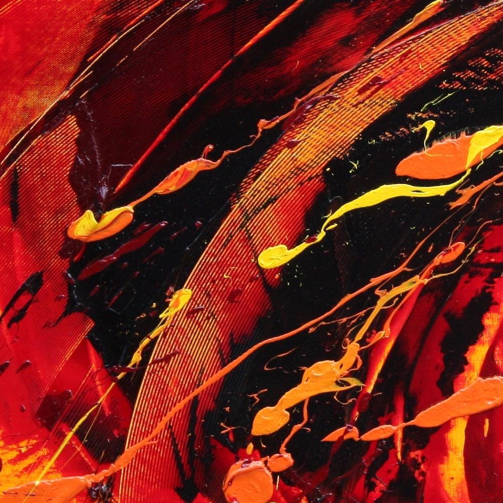 Großes abstraktes Ölgemälde auf rotem Hintergrund in Schwarz, Gelb und Orange, eindrucksvoll im Angebot 4