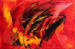 Großes abstraktes Ölgemälde auf rotem Hintergrund in Schwarz, Gelb und Orange, eindrucksvoll